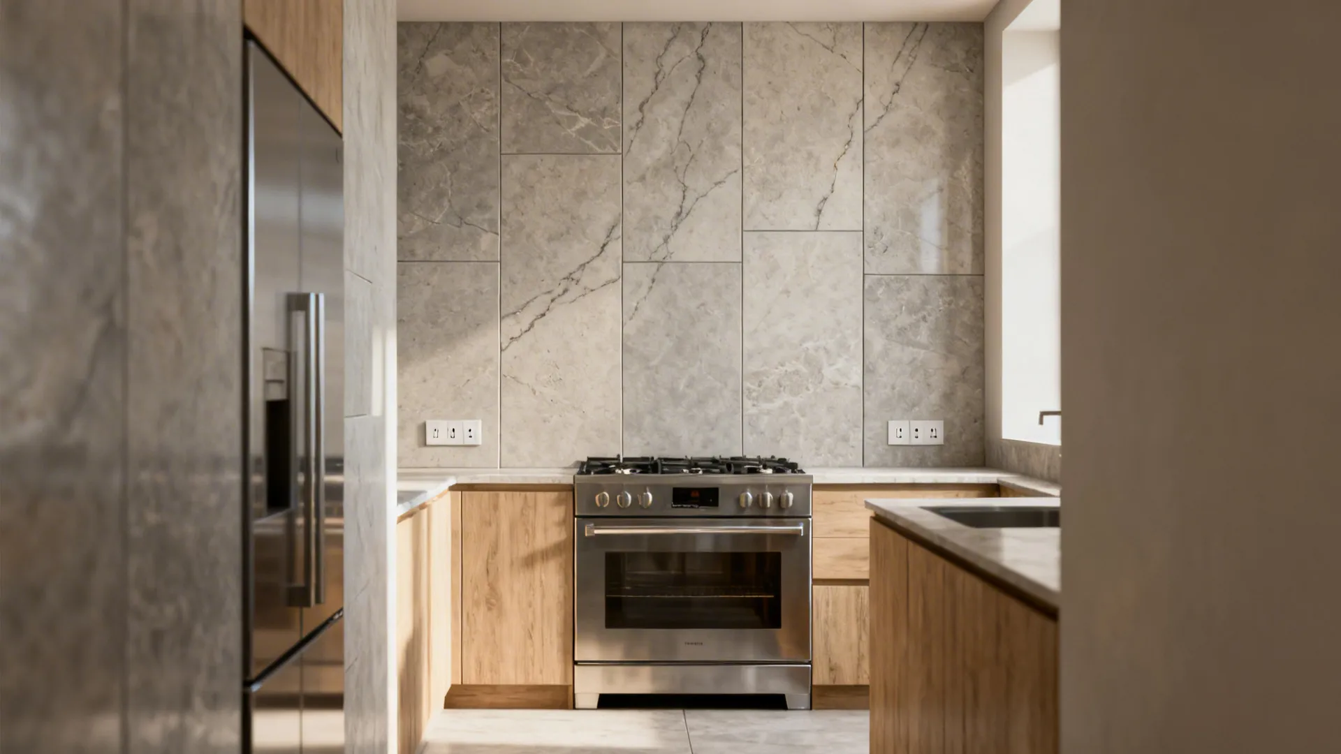 Galley kitchen with vertical large-format stone-look porcelain slabs and tight grout lines.