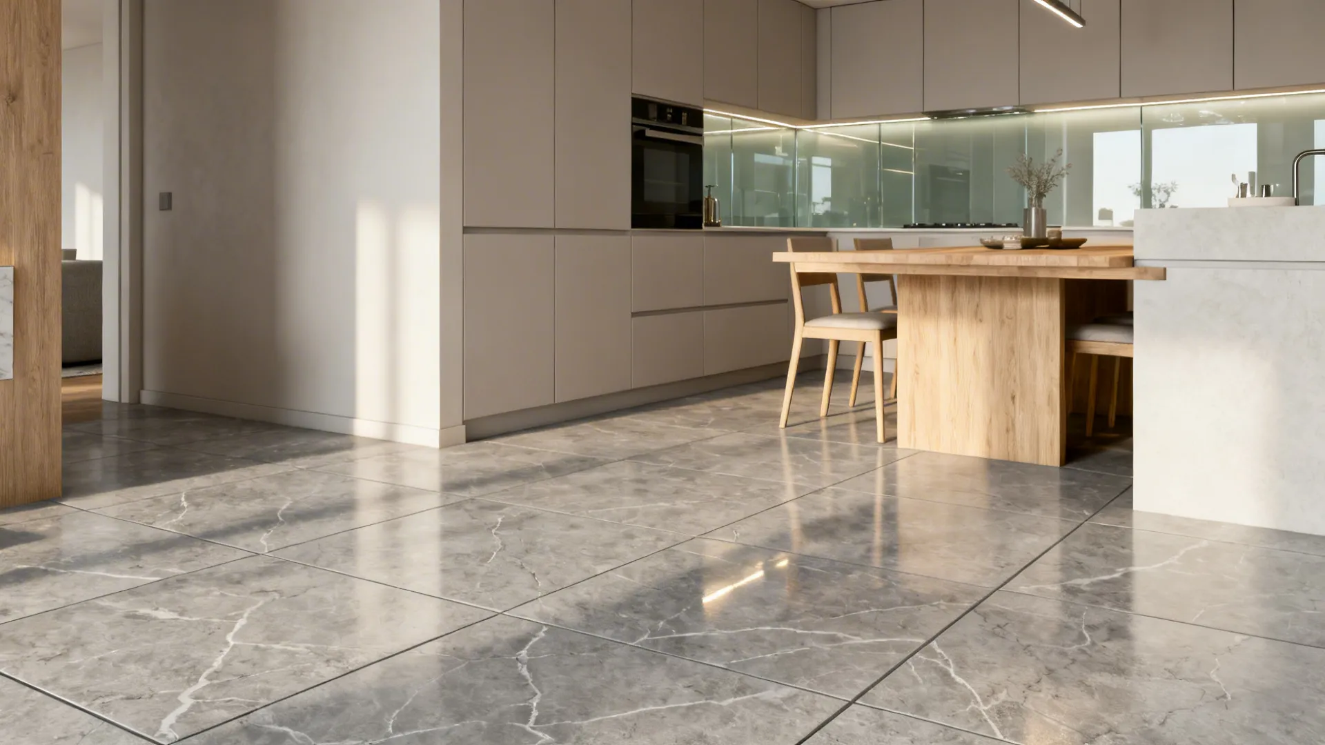 Open-plan studio kitchen with large-format warm gray stone-look porcelain tiles flowing into the dining area.