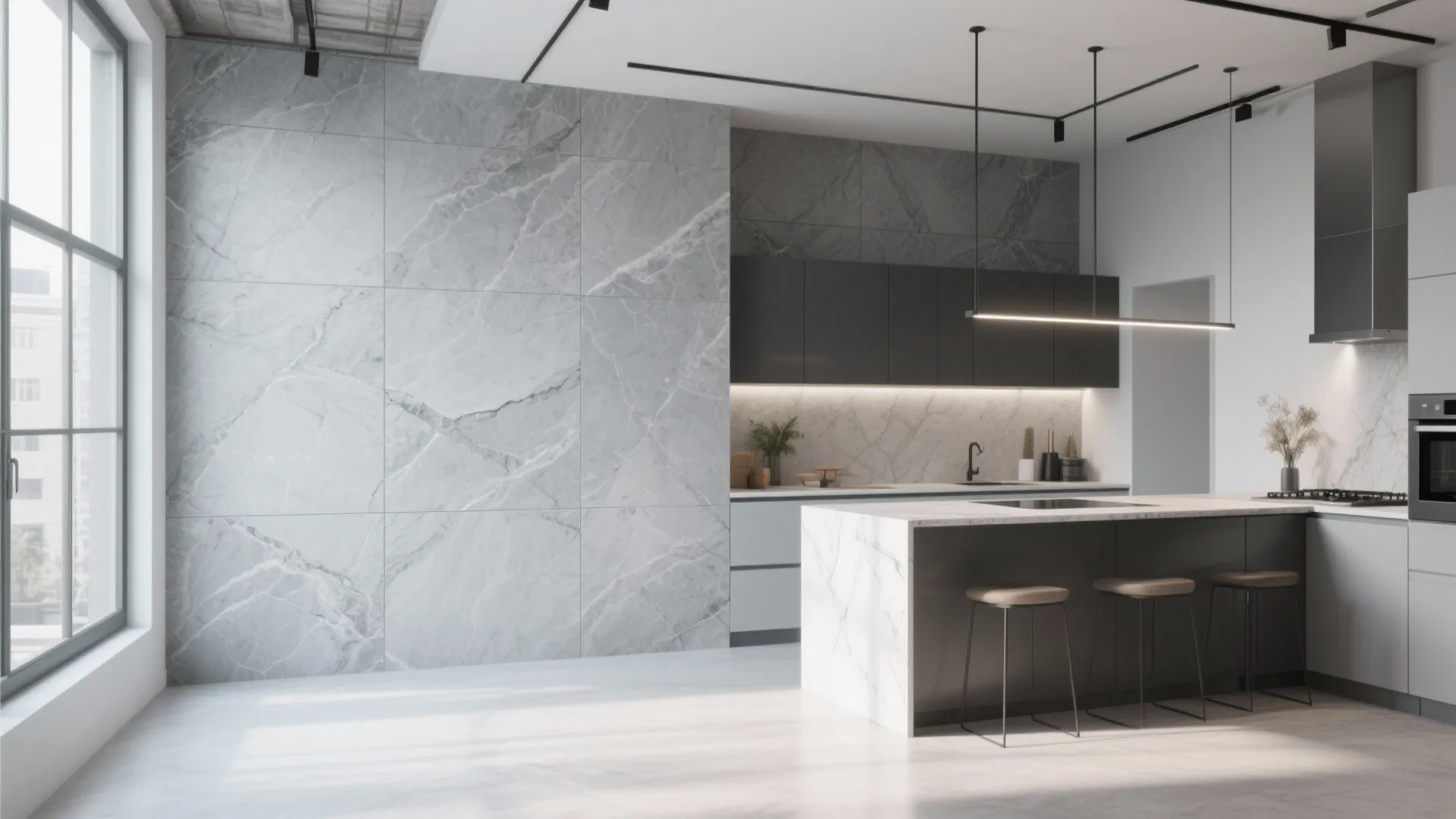 Kitchen with large grey marble wall tiles, dark cabinets, island with stools, and big windows