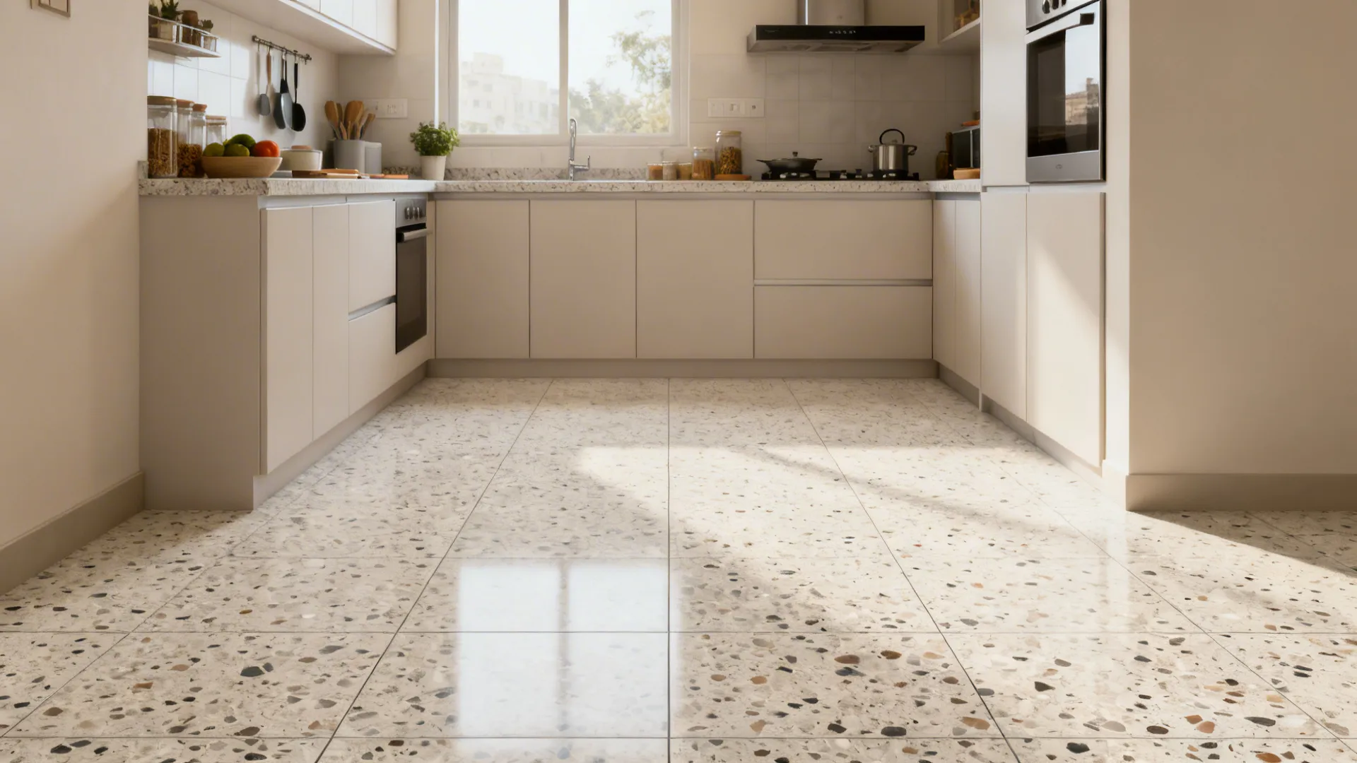 Gurugram small kitchen with large-format terrazzo-look porcelain floor and minimal grout.