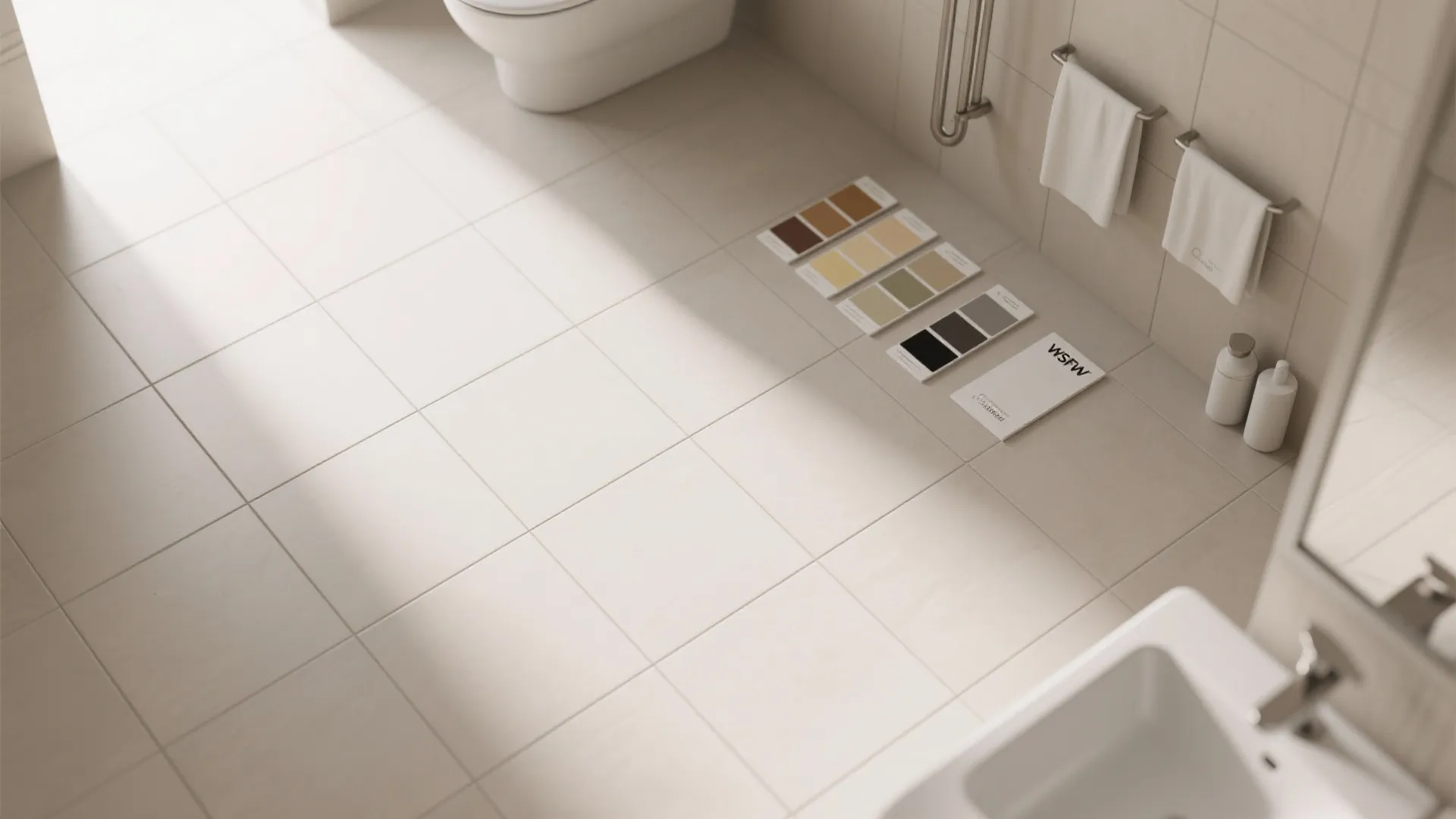Large-format tiles and neutral swatches for bathroom design