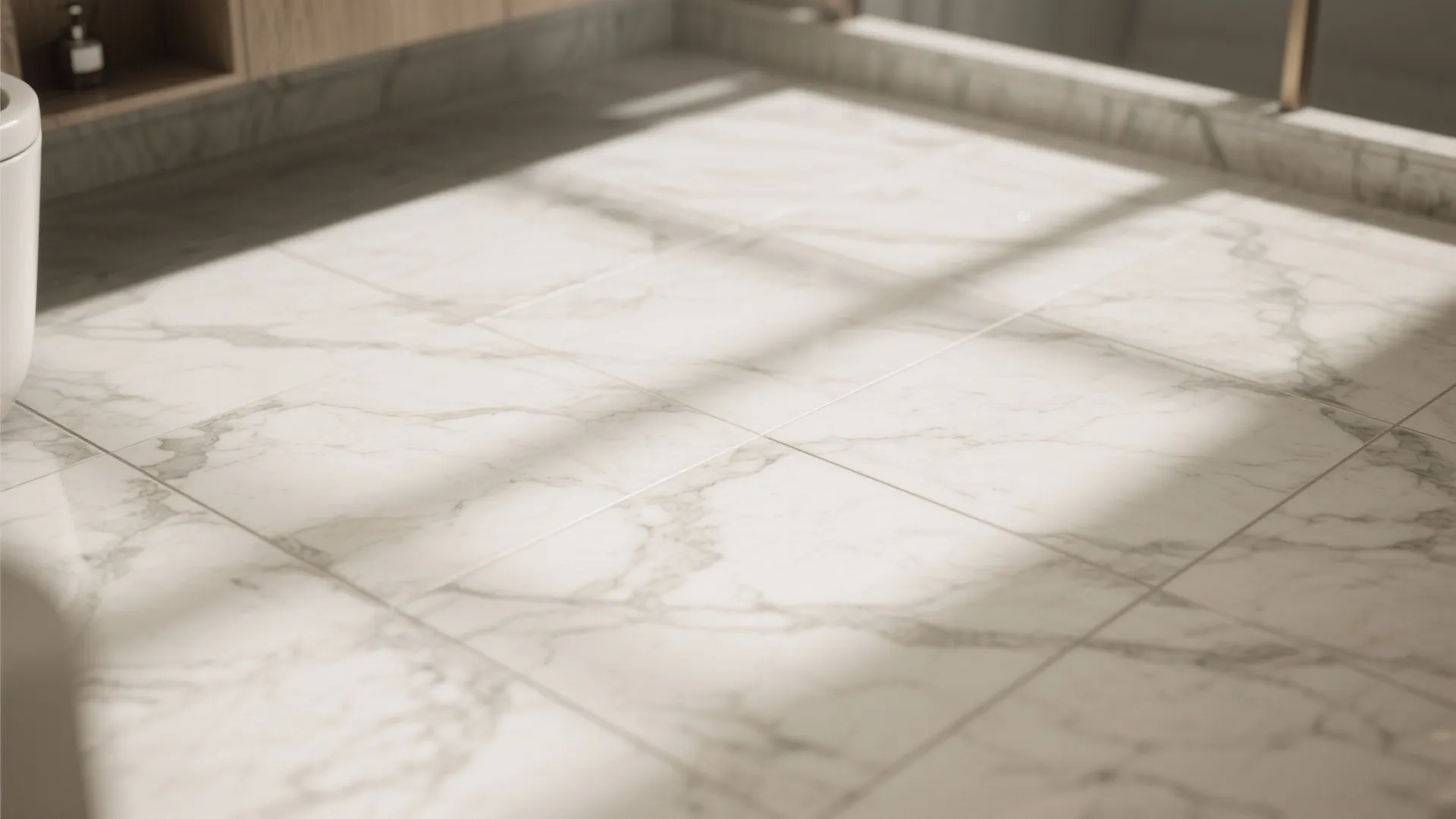 Close up view of white marble floor tiles with grey veins and warm natural sunlight