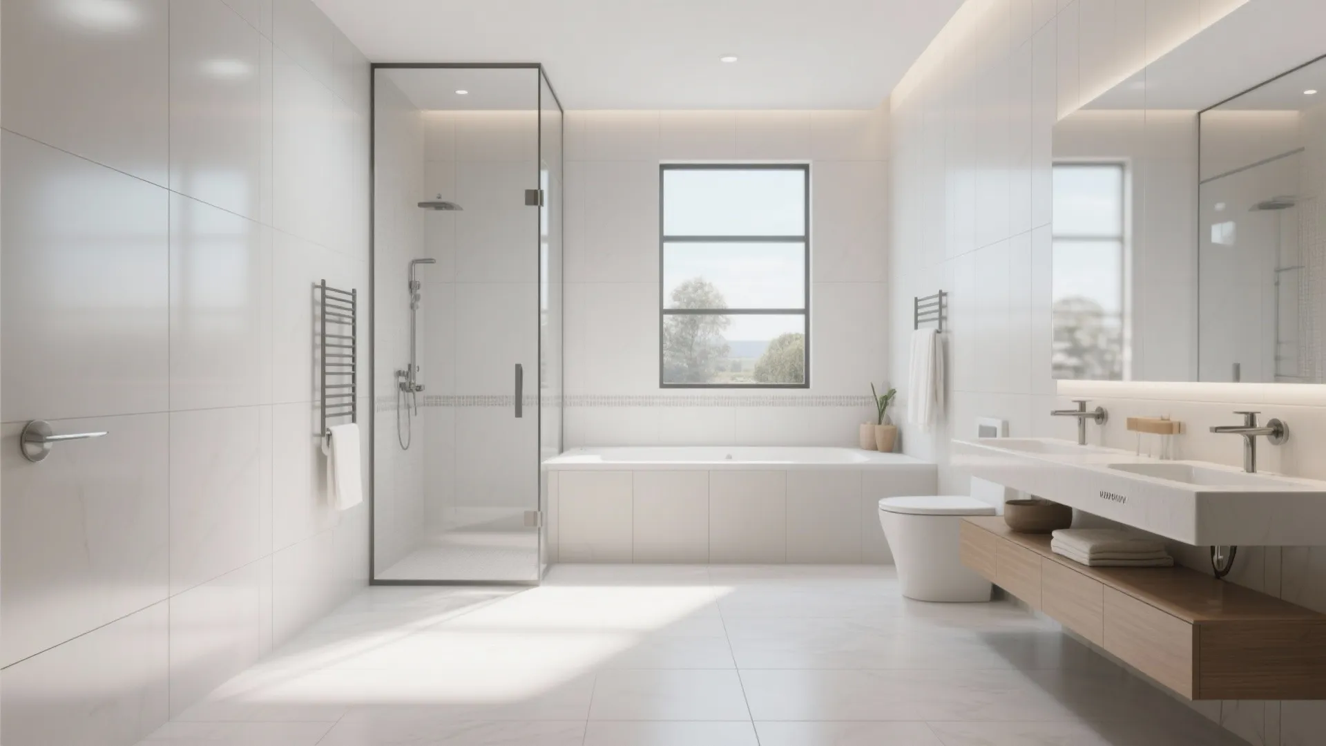 Bright minimalist bathroom with large floor tiles, glass shower, bathtub, and wood wall hung cabinet