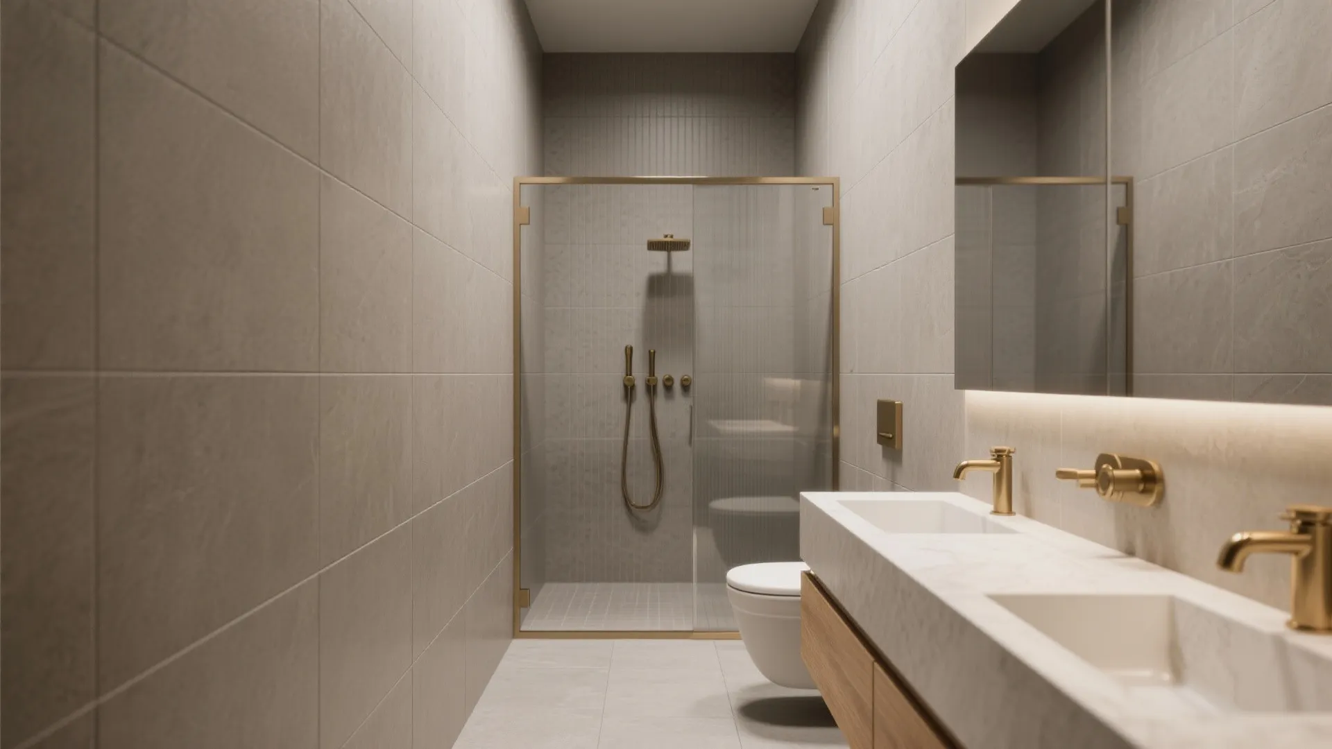 Modern bathroom with grey wall tiles gold shower frame white sinks and wood bathroom cabinet