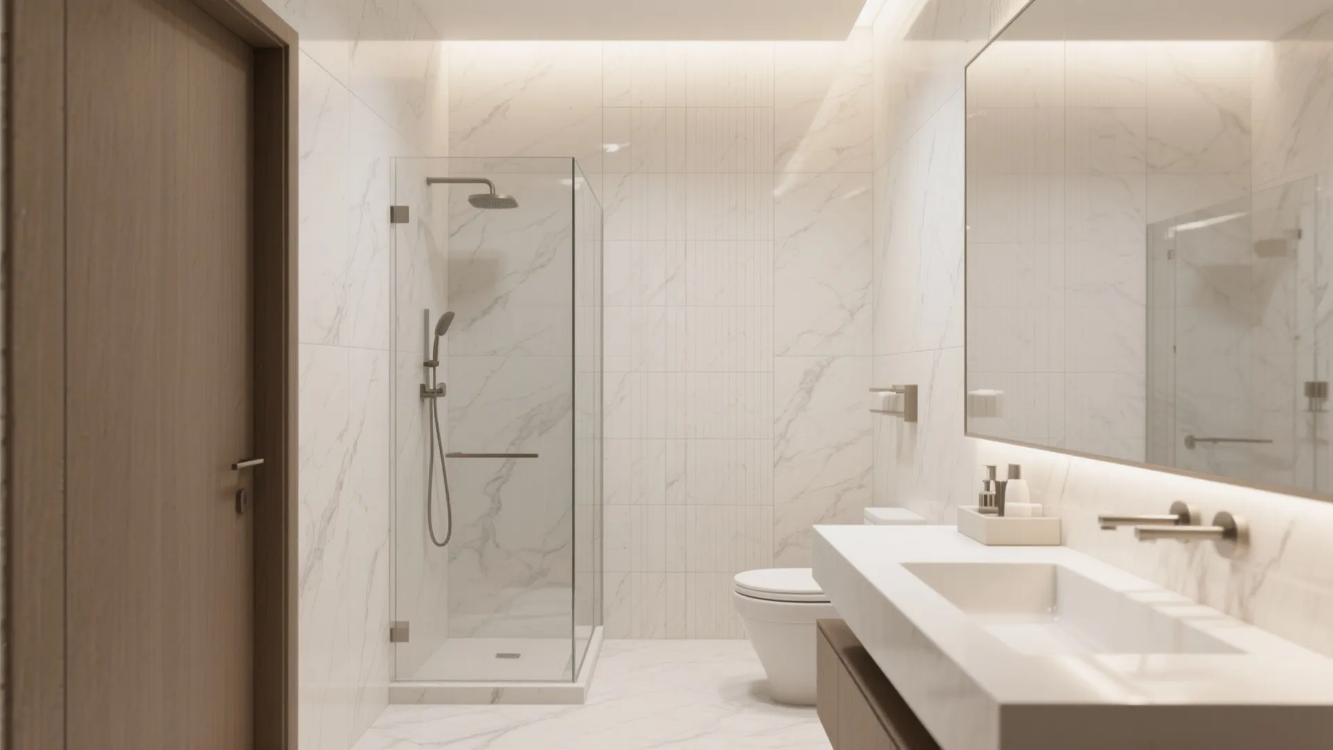 Modern bathroom featuring white marble wall tiles glass shower door white sink and large mirror