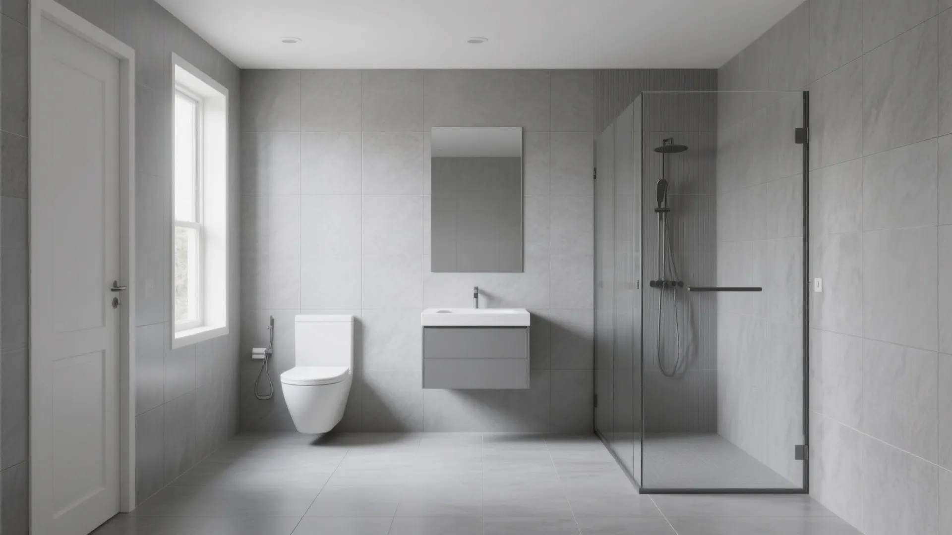 Minimalist grey bathroom featuring large wall tiles a floating toilet and a glass shower door