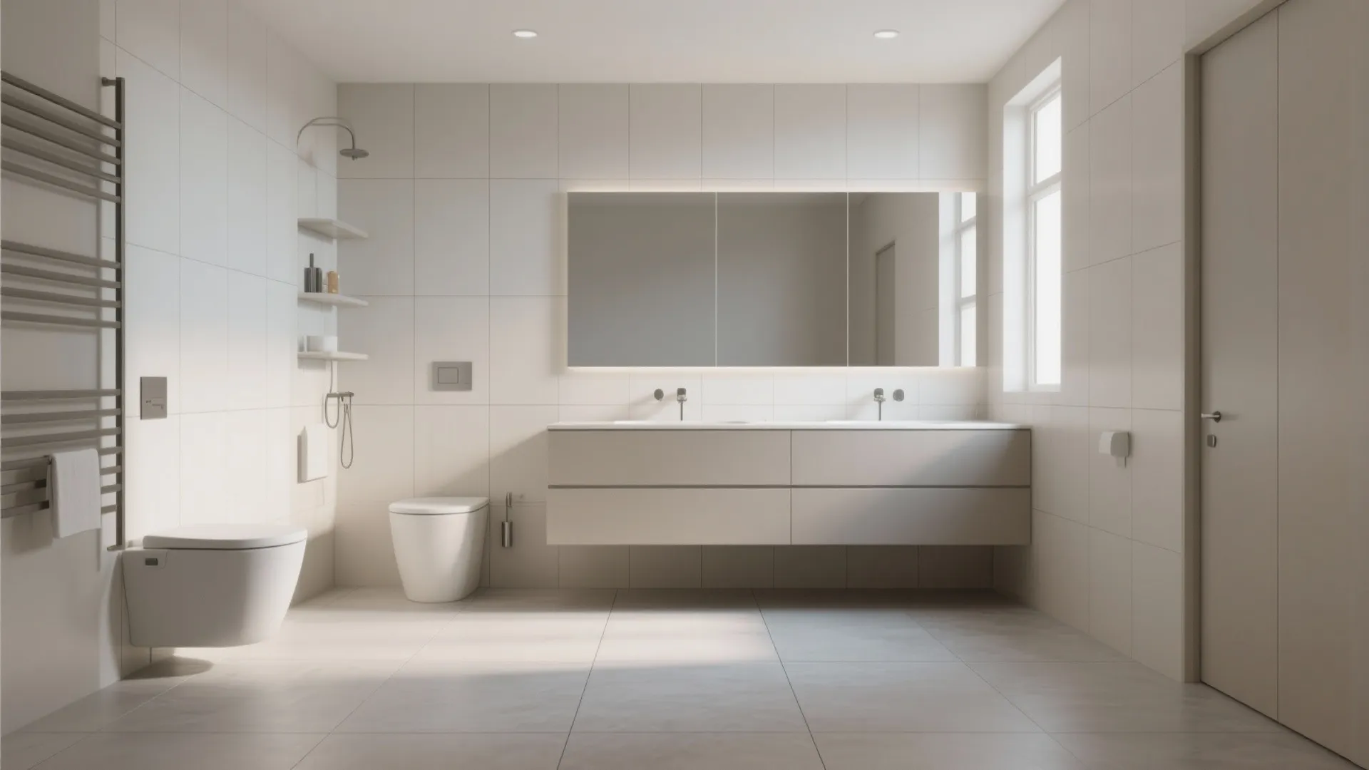 Spacious minimal bathroom with double sink vanity large mirror white wall tiles and wall mounted toilet