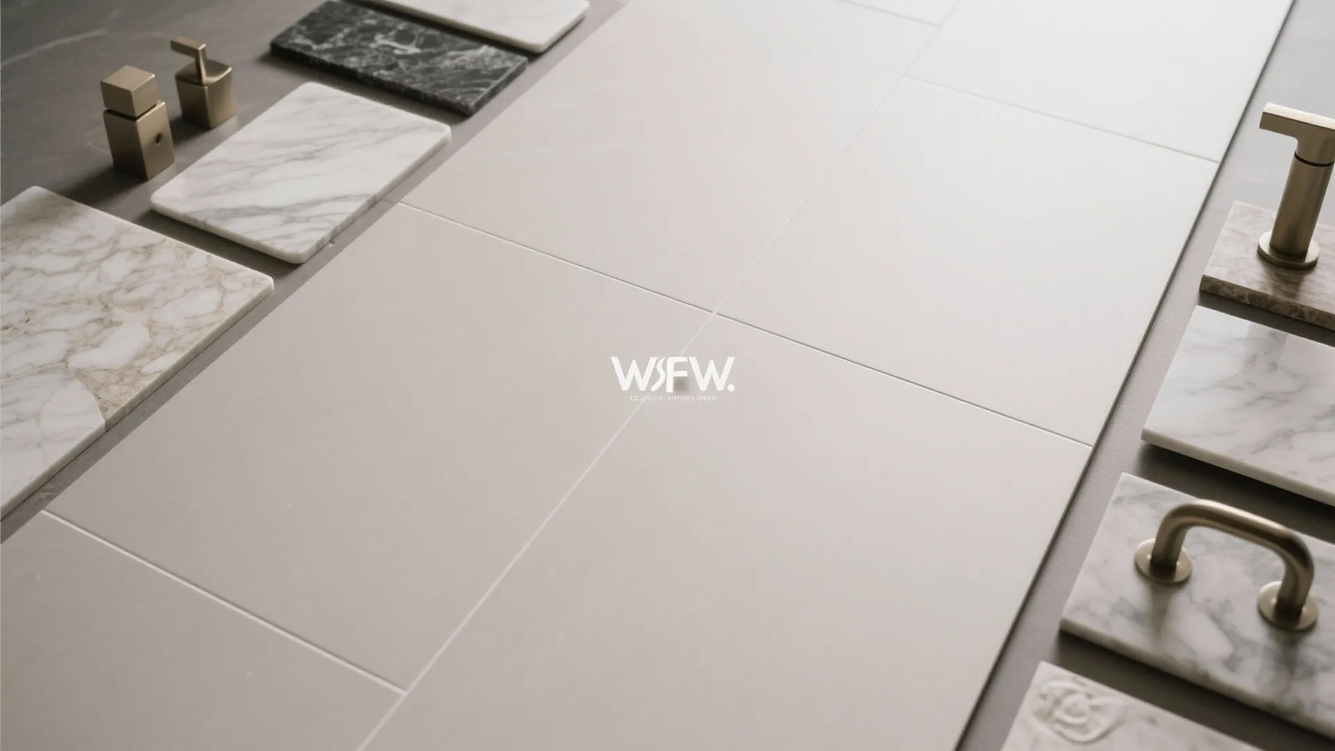 Flatlay of large format beige tiles surrounded by marble stone samples and gold bathroom hardware pieces