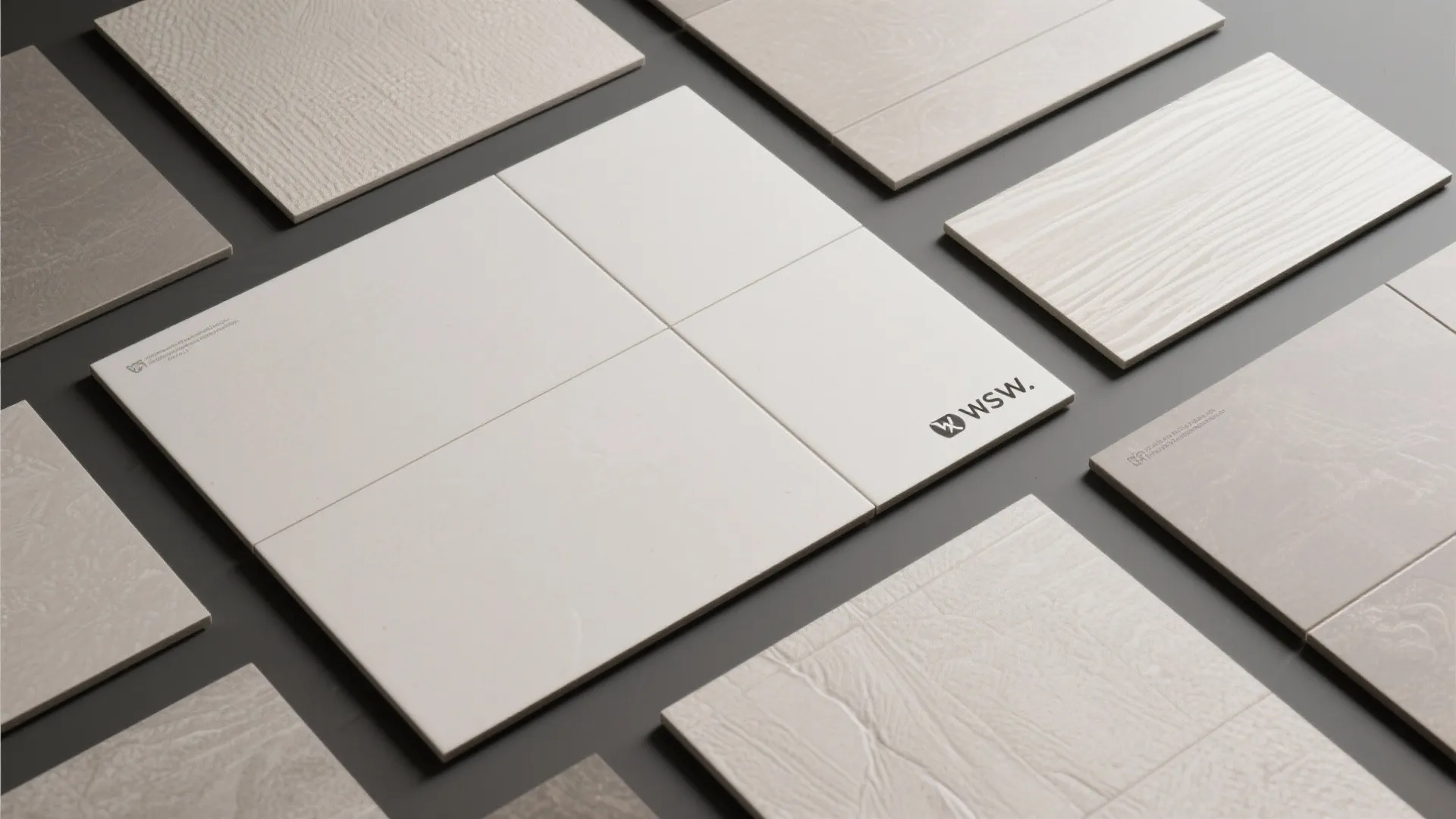 Collection of various large white and grey floor tiles with different textures on dark background
