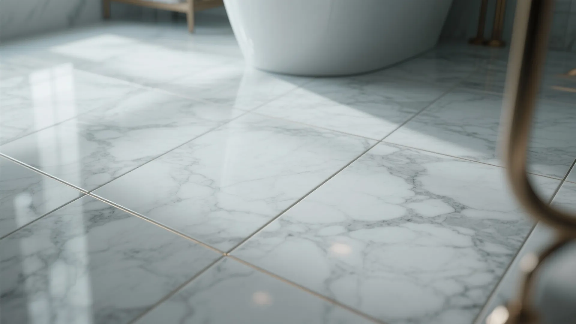 Modern bathroom floor with large white marble tiles showing grey veins and bright natural sunlight