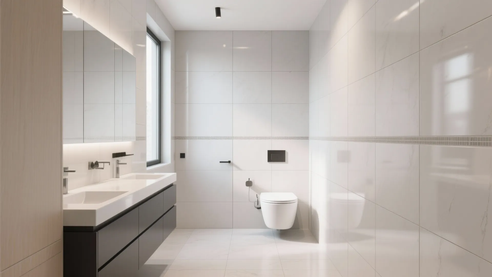 Modern white bathroom with large wall tiles double sink dark grey cabinet and wall light