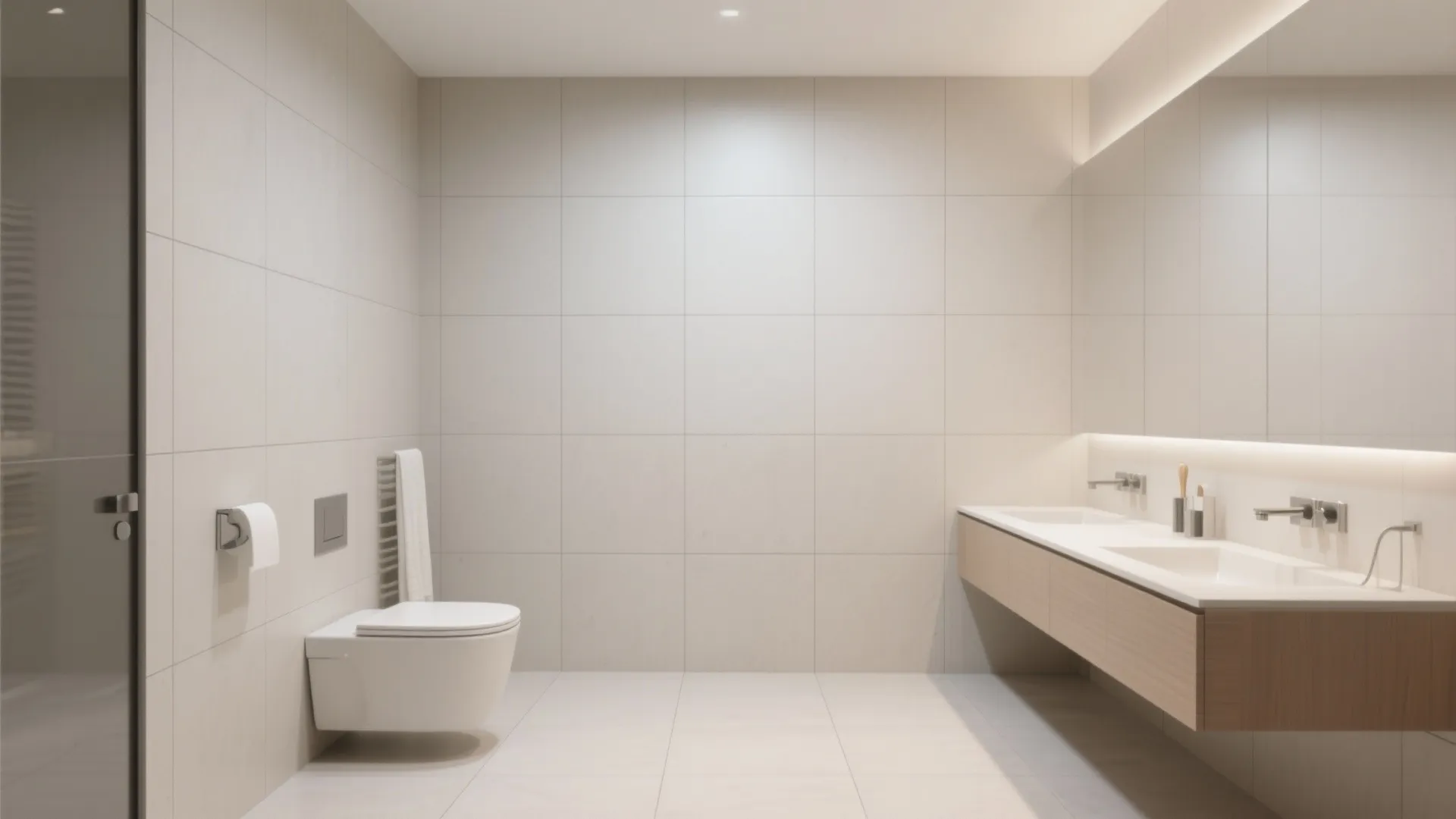 Modern bathroom with large light tiles floating wood cabinet double sinks and a white toilet