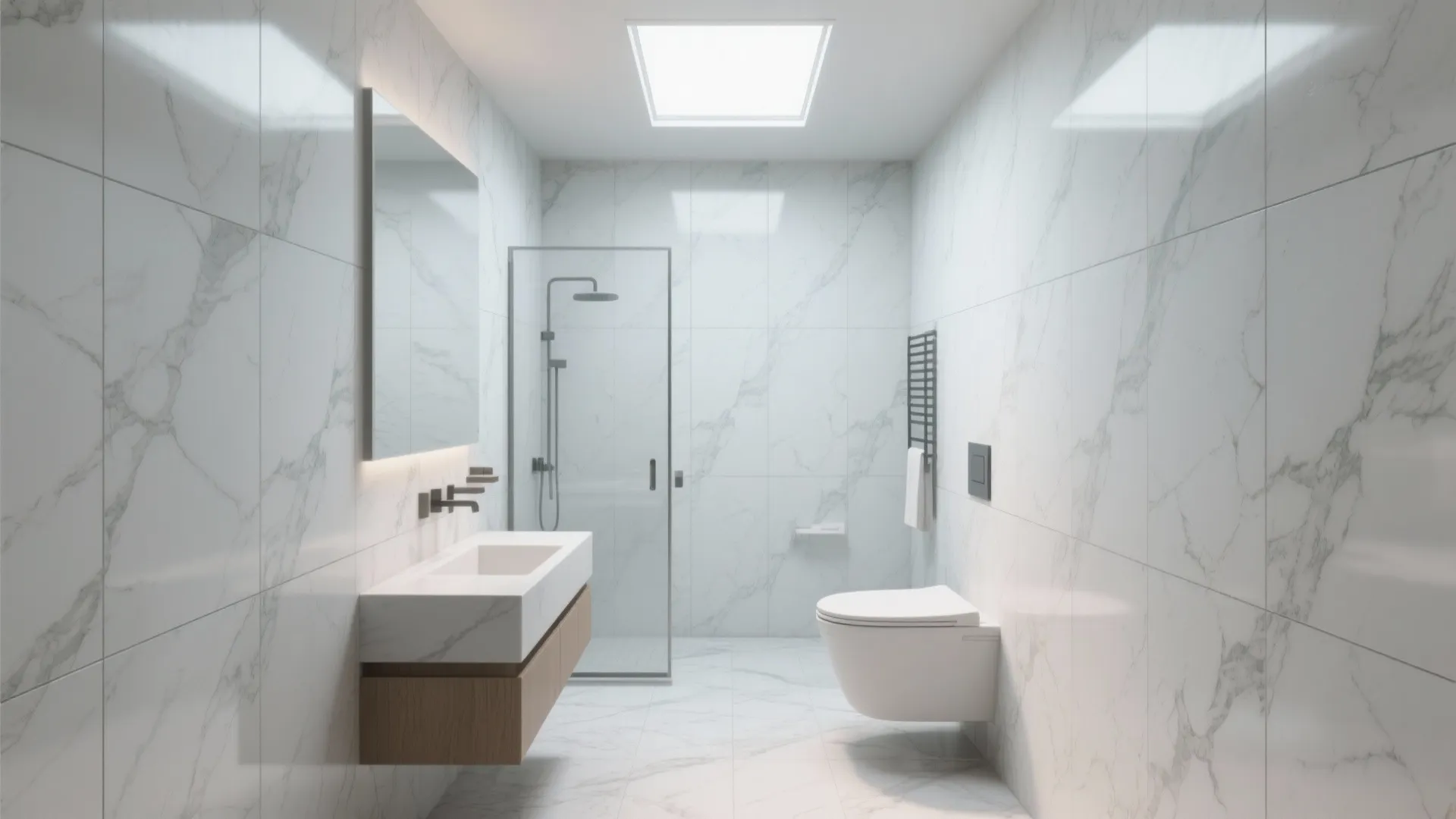 Modern bathroom with white marble wall tiles, floating wooden vanity, white toilet, and glass shower.