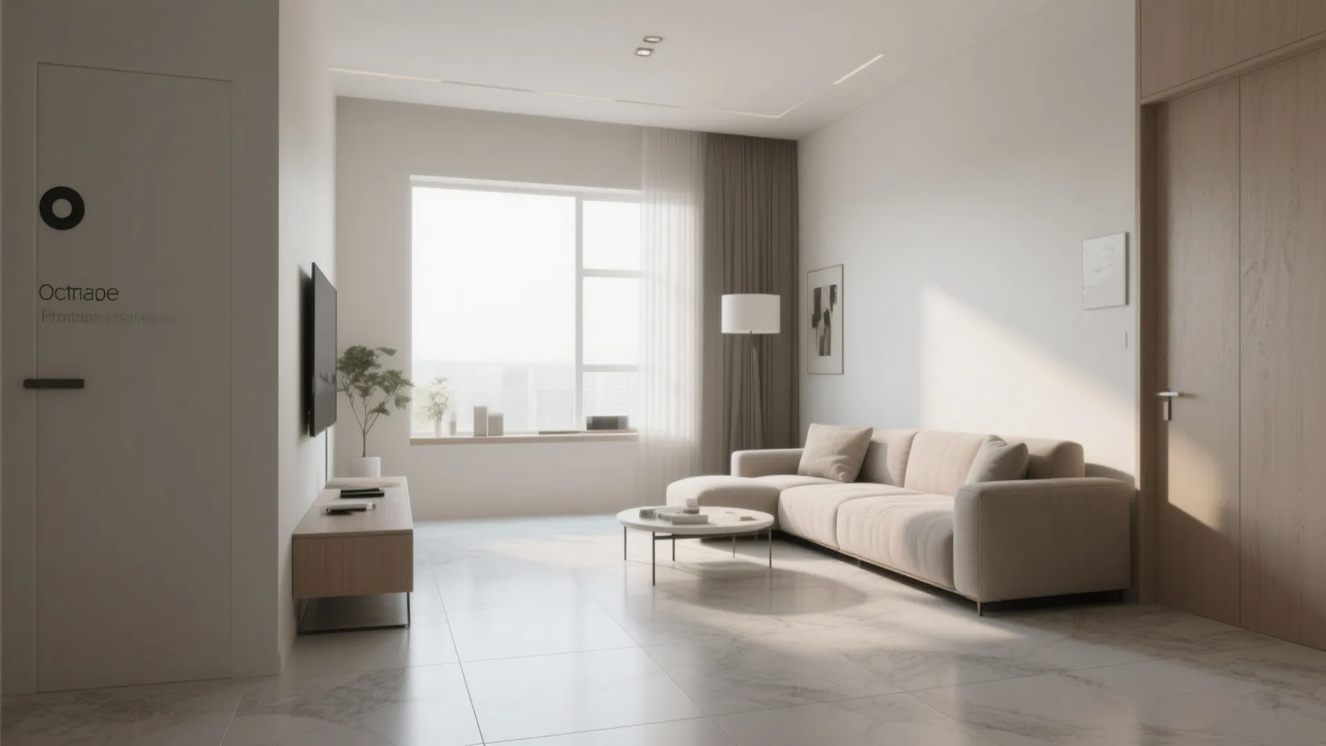 Minimalist living room with large-format porcelain tile flooring