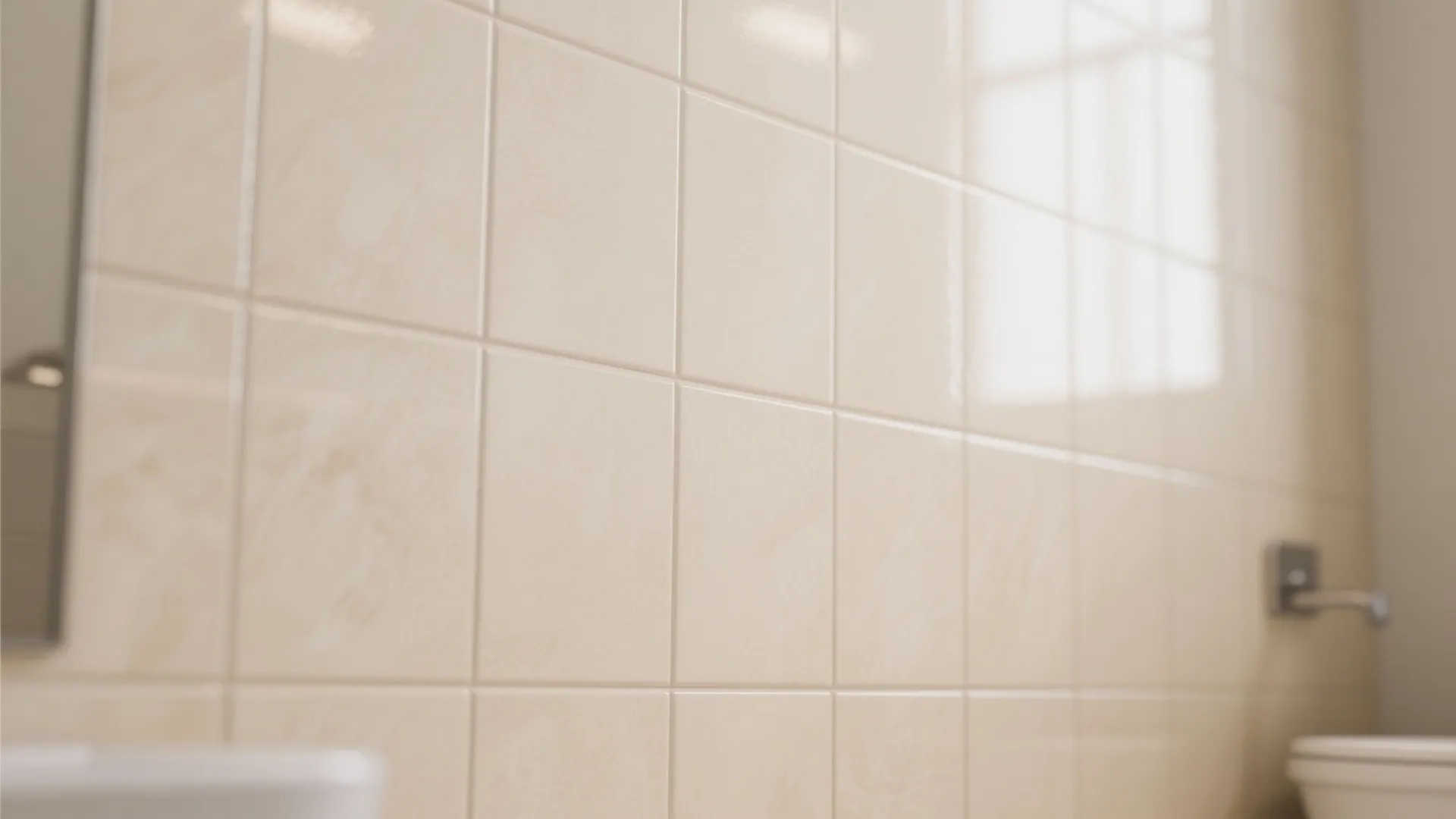 Close up view of glossy beige wall tiles in a bathroom with soft window light