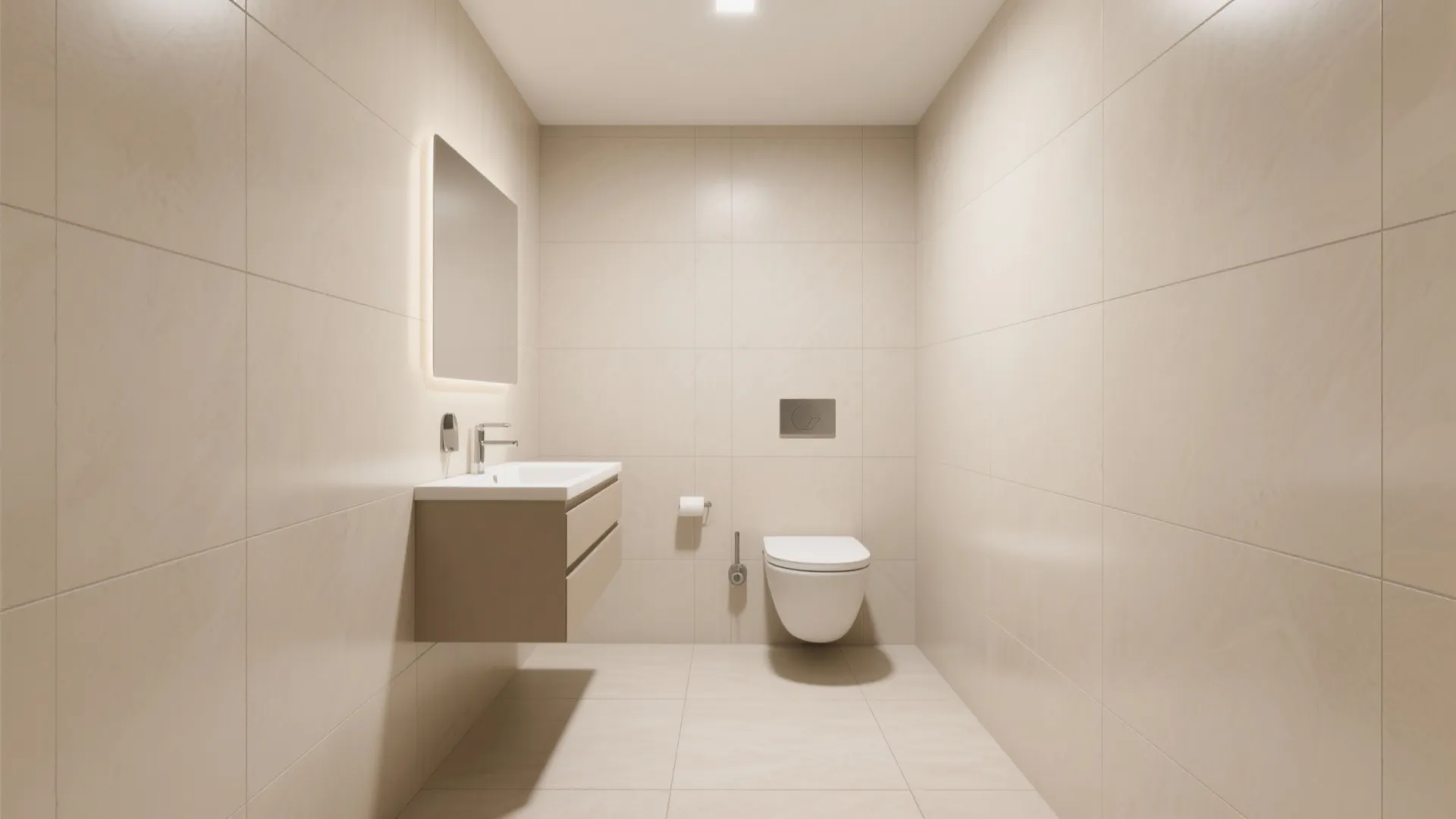 Modern bathroom with beige wall tiles floating sink cabinet back lit mirror and wall toilet