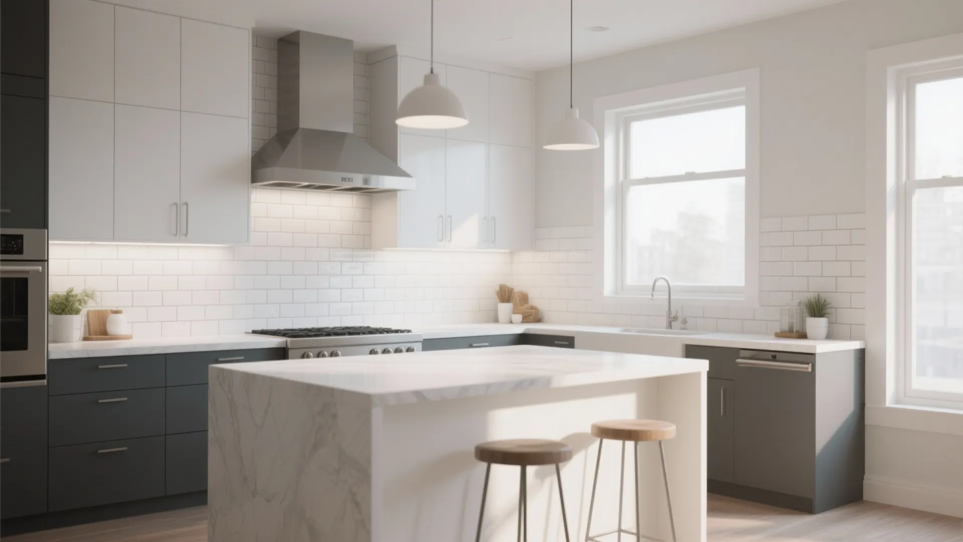 Modern kitchen with white cabinets dark grey island marble countertop two bar stools and natural light