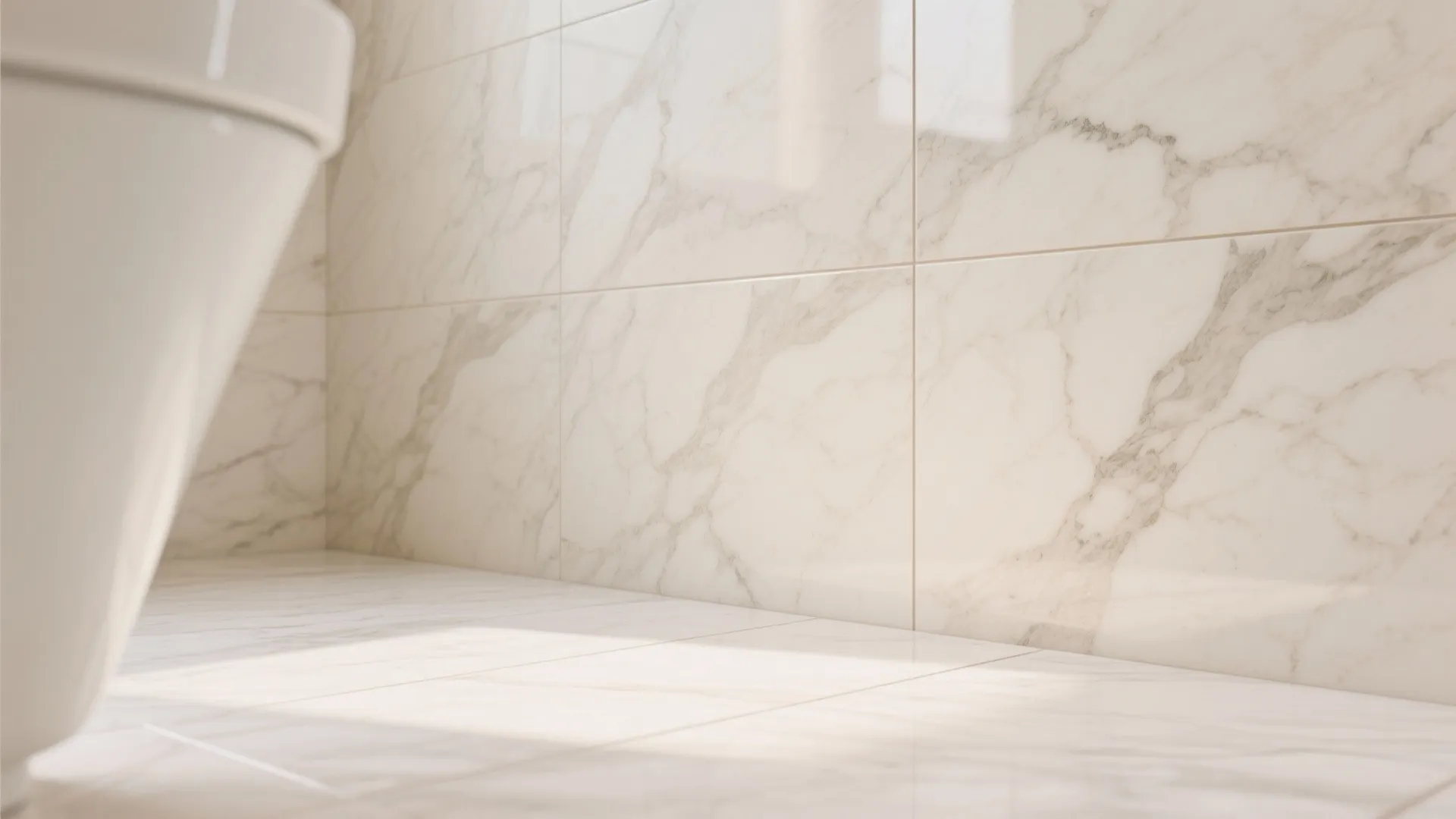 Modern bathroom with large white marble wall tiles and matching floor tiles under soft natural light