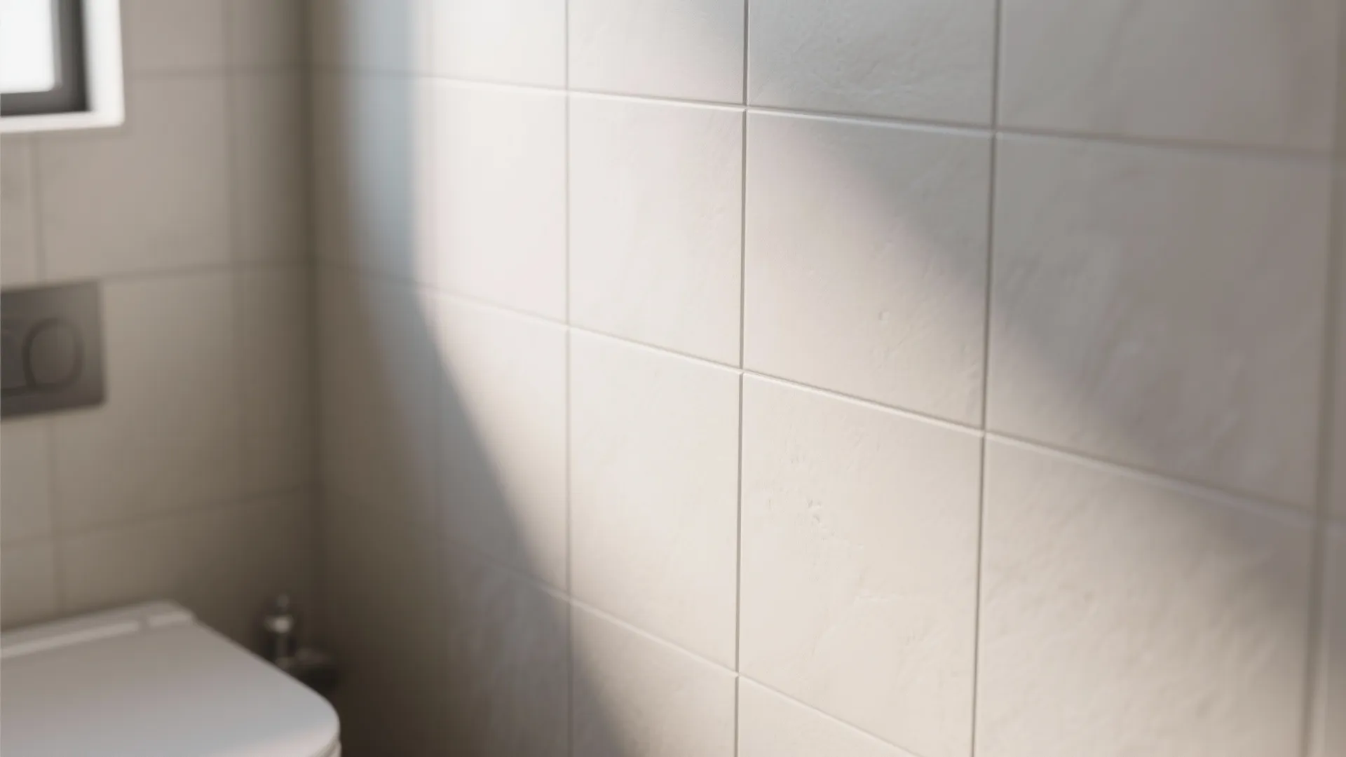 Close up view of square white wall tiles in a bathroom with soft natural sunlight