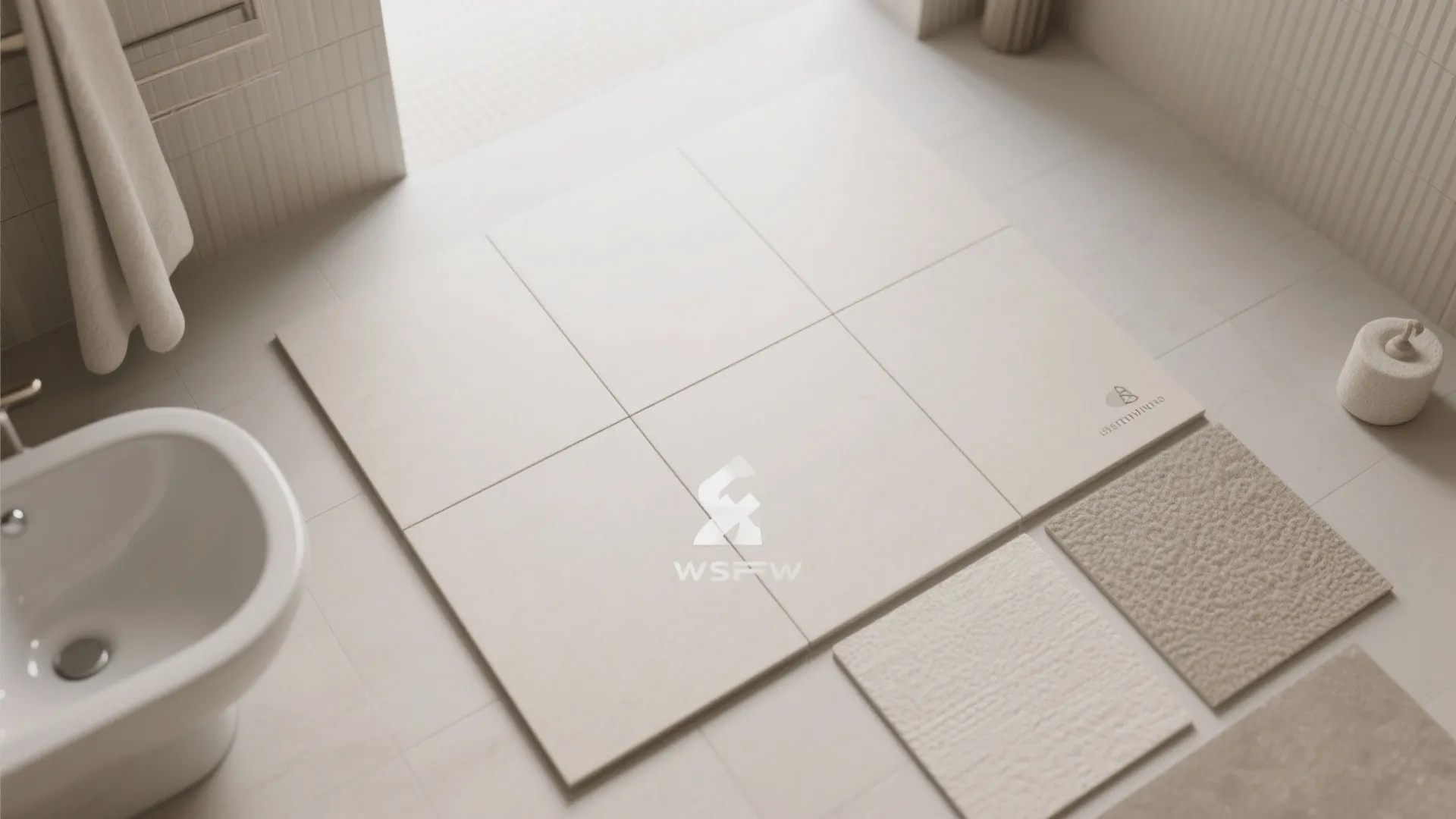 Close up view of square floor tiles in neutral colors for a modern bathroom design