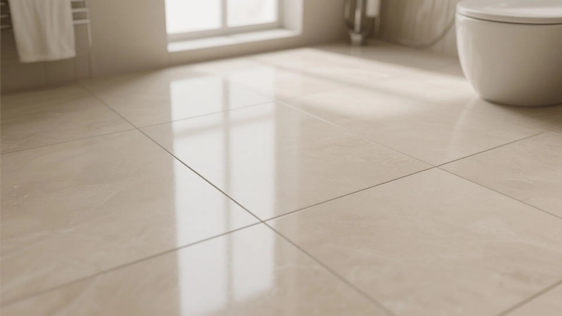 Shiny beige floor tiles in a bright bathroom with natural light reflecting on the surface