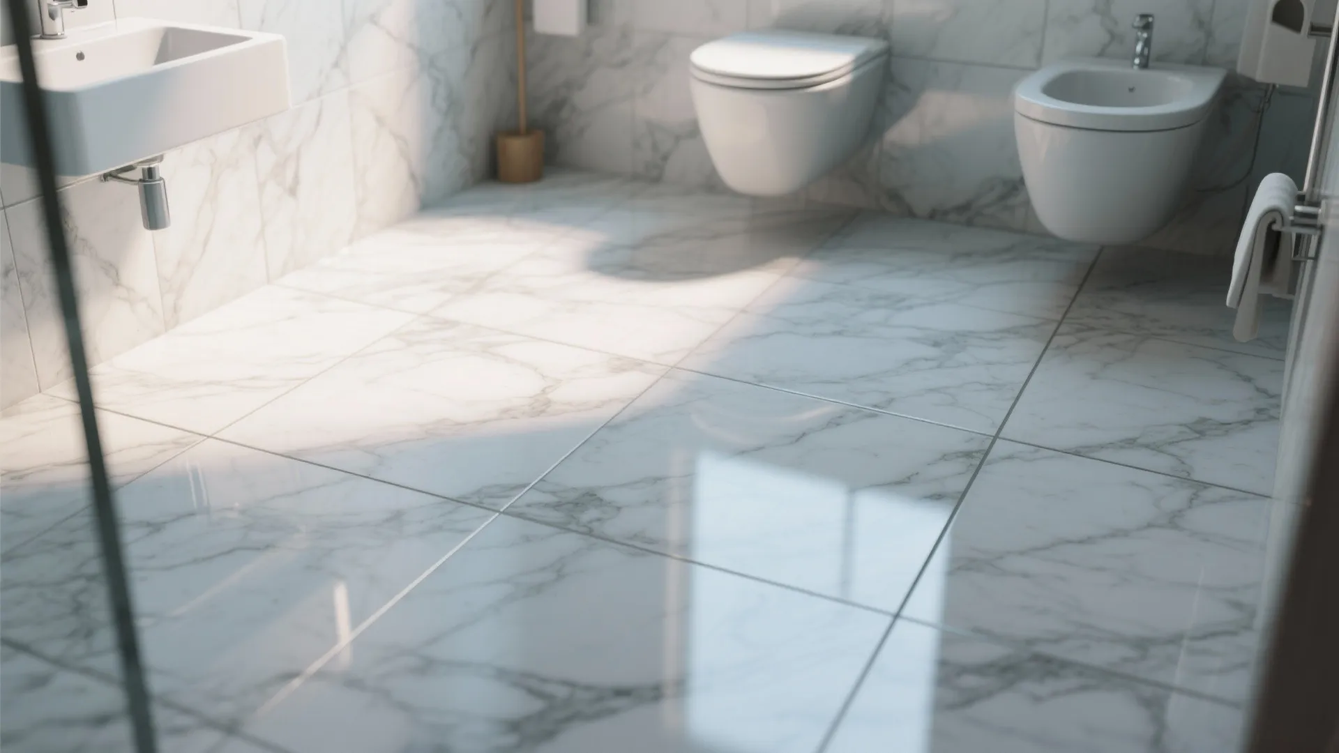 Modern bathroom featuring white marble floor tiles with grey veins and matching wall panel design