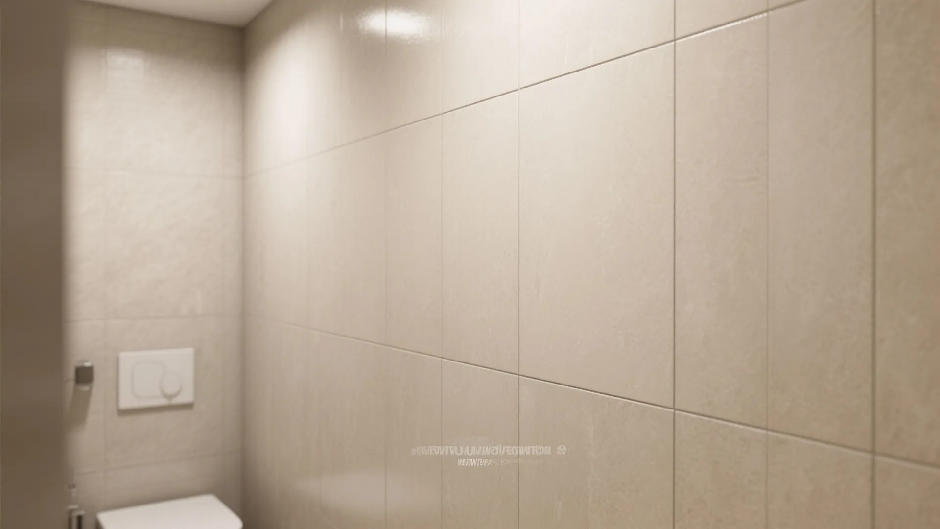 Clean beige bathroom wall tiles in a large rectangle pattern with soft indoor light reflection
