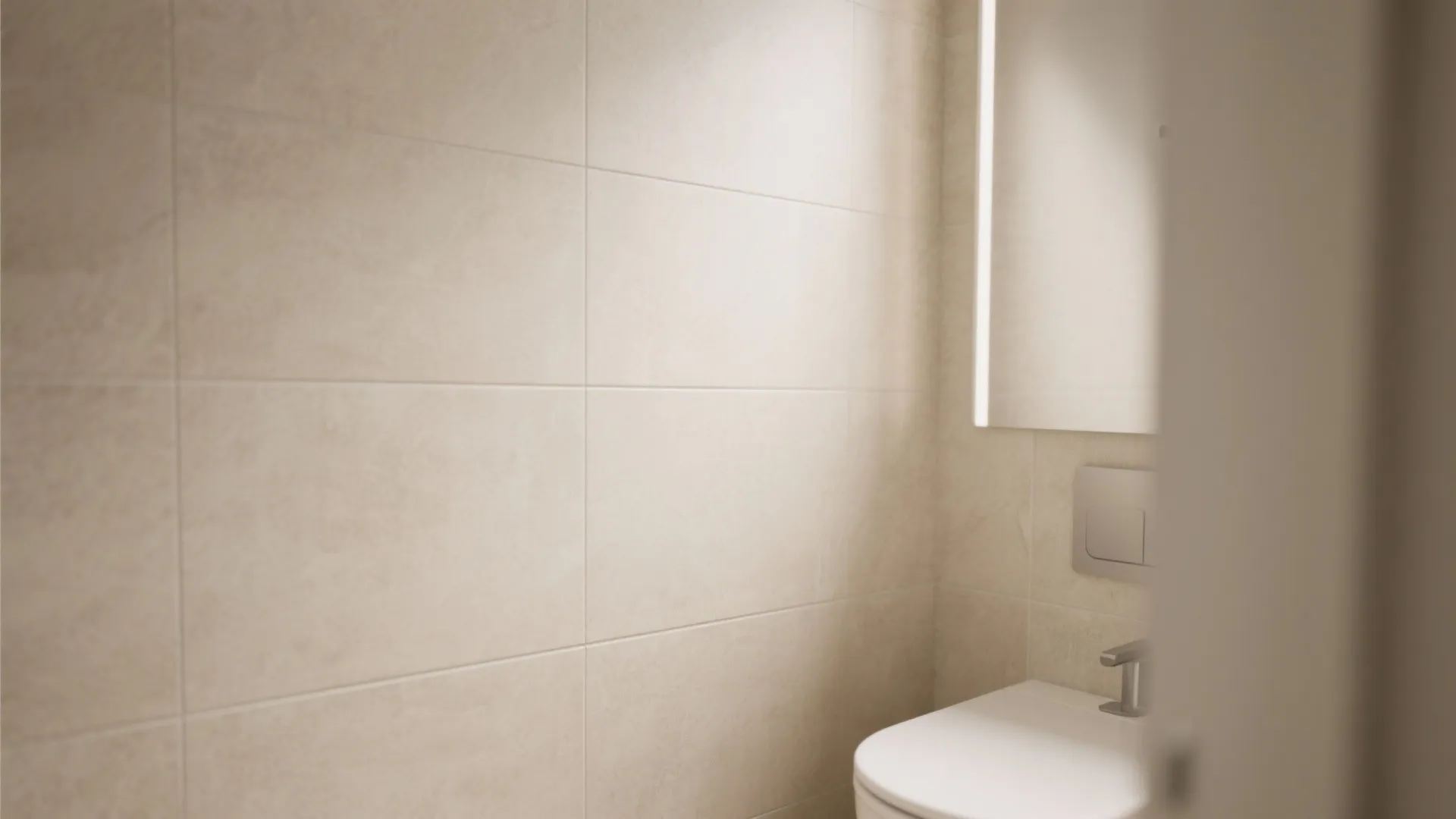 Clean bathroom corner showing beige wall tiles and a white sink with a simple mirror