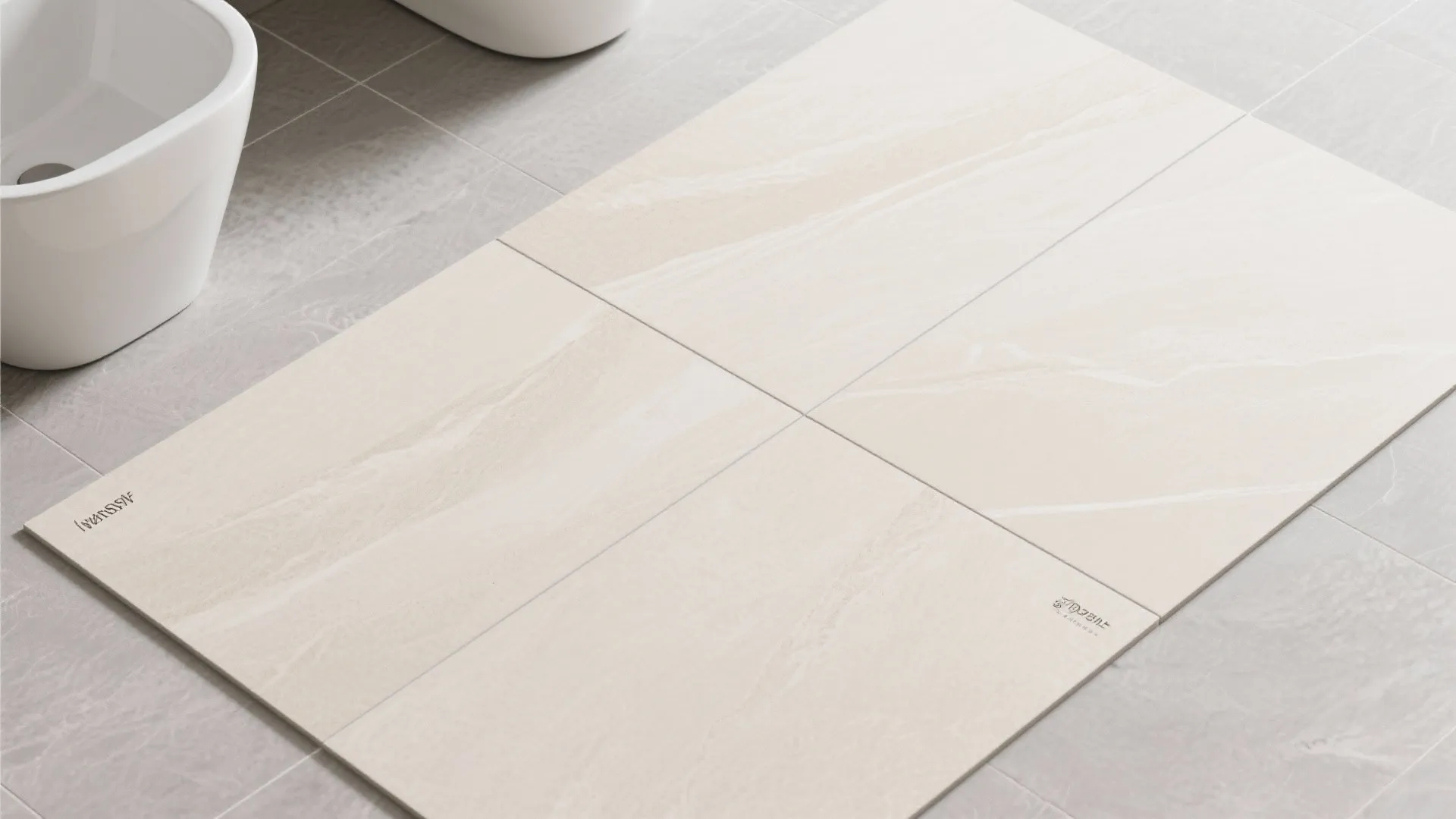 Large beige floor tiles placed on a grey tiled bathroom floor next to a white sink