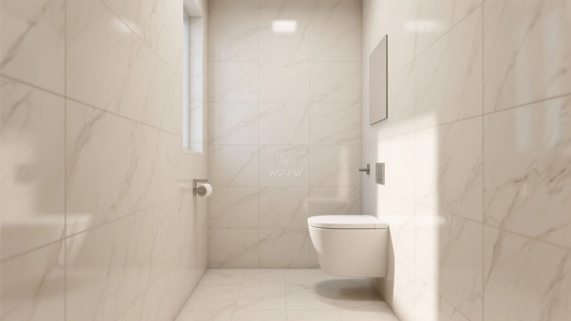 Minimalist bathroom featuring beige marble wall panels with a white toilet and simple wall window