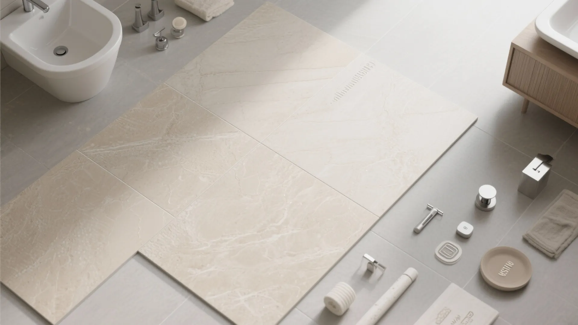 Large-format tiles in neutral tones for small bathroom