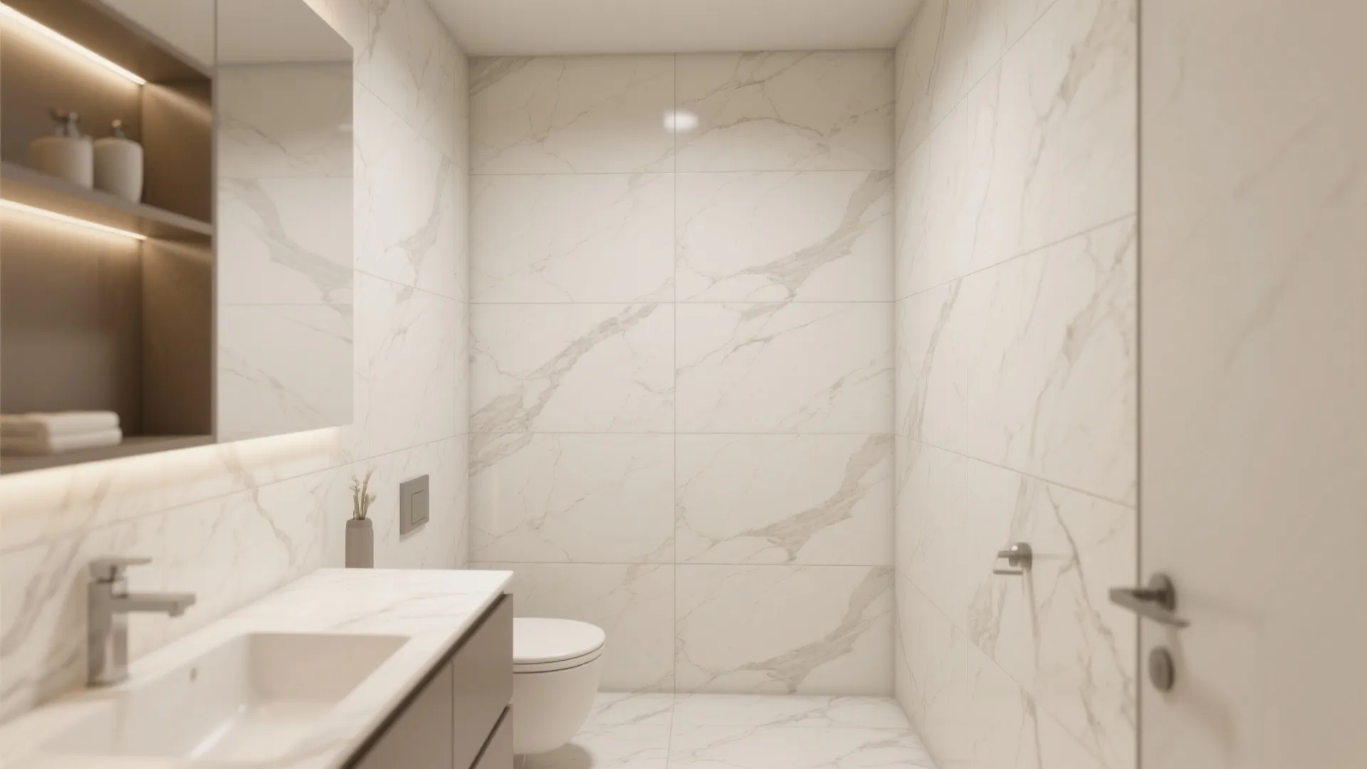 Small luxury bathroom with marble wall tiles, white marble floor, simple toilet, and dark vanity