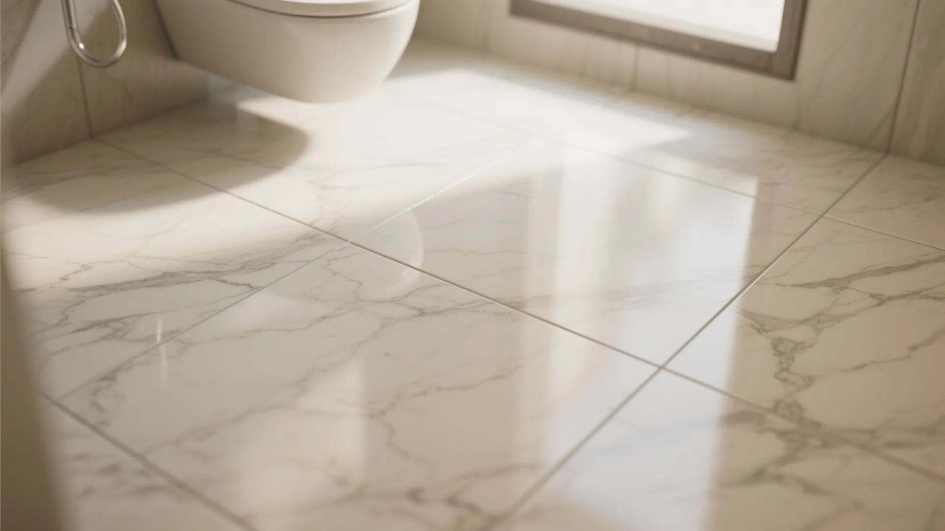 Shiny white marble floor tiles with grey veins reflecting sunlight in a clean modern bathroom