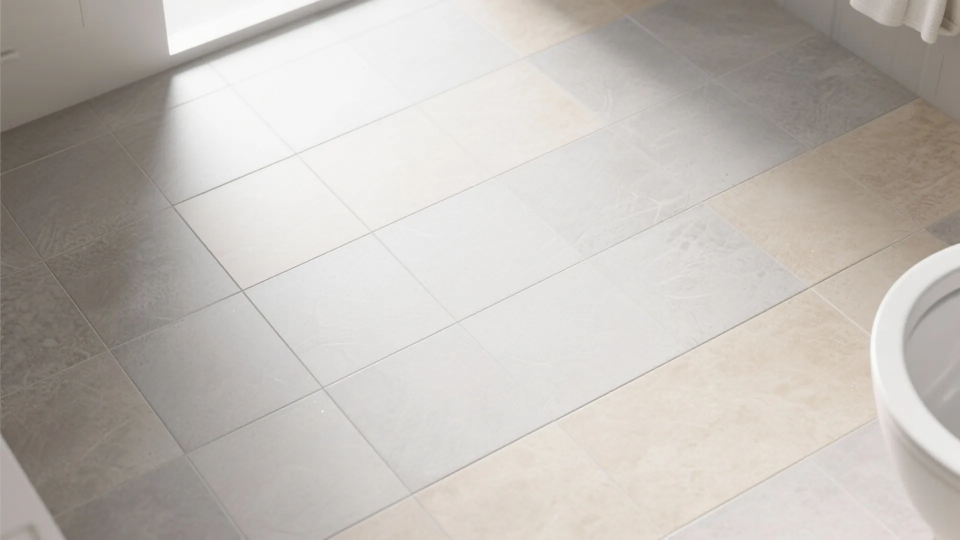 Neutral colored floor tiles in grey and beige shades covering a bright bathroom floor area
