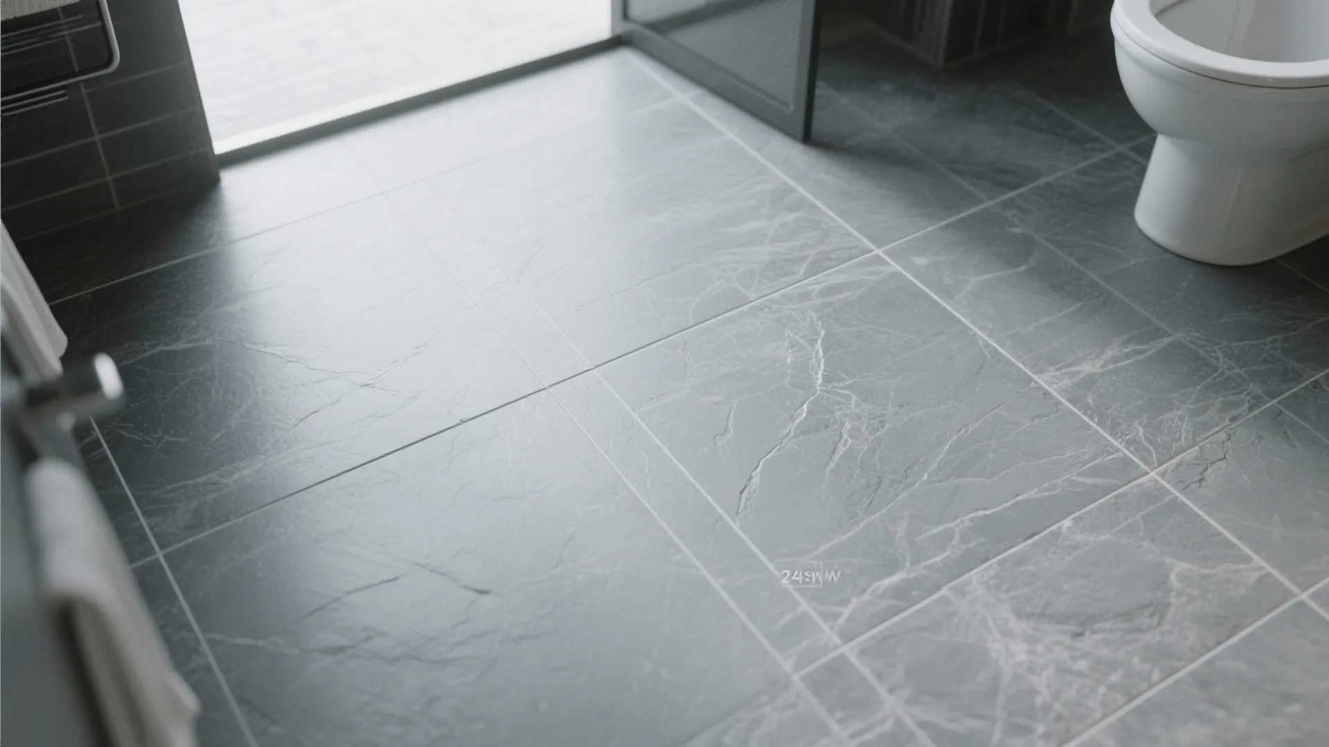 Large 24x24 stone-gray bathroom tiles with minimal grout lines