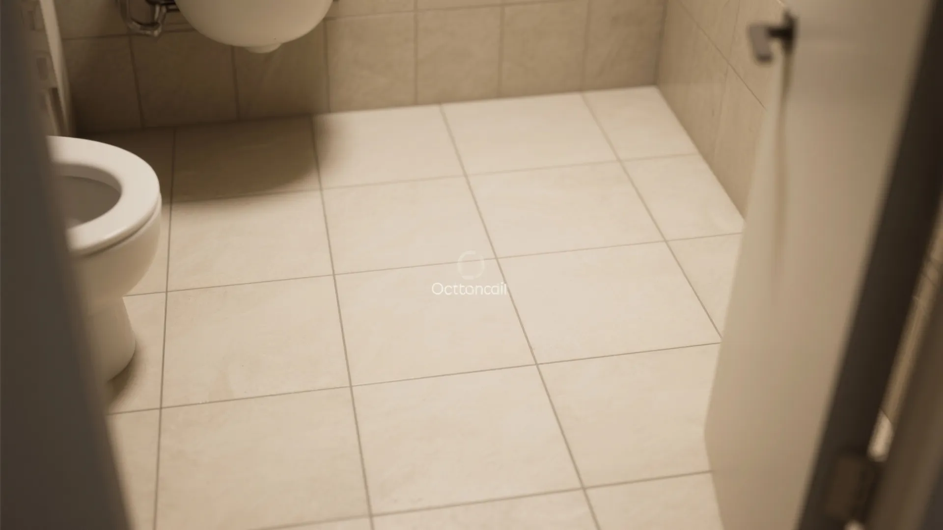Modern bathroom floor with large square beige tiles white toilet and matching wall tile design