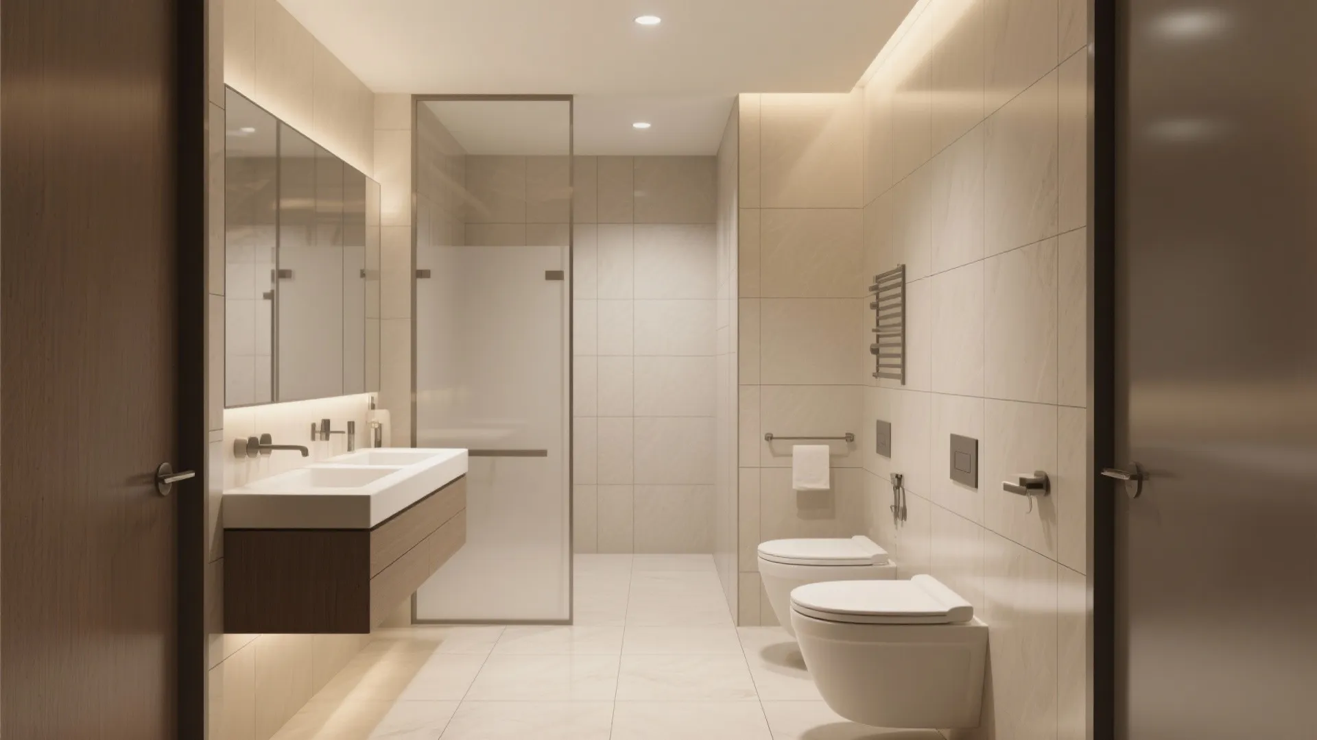 Modern bathroom with large porcelain tiles creating sleek appearance