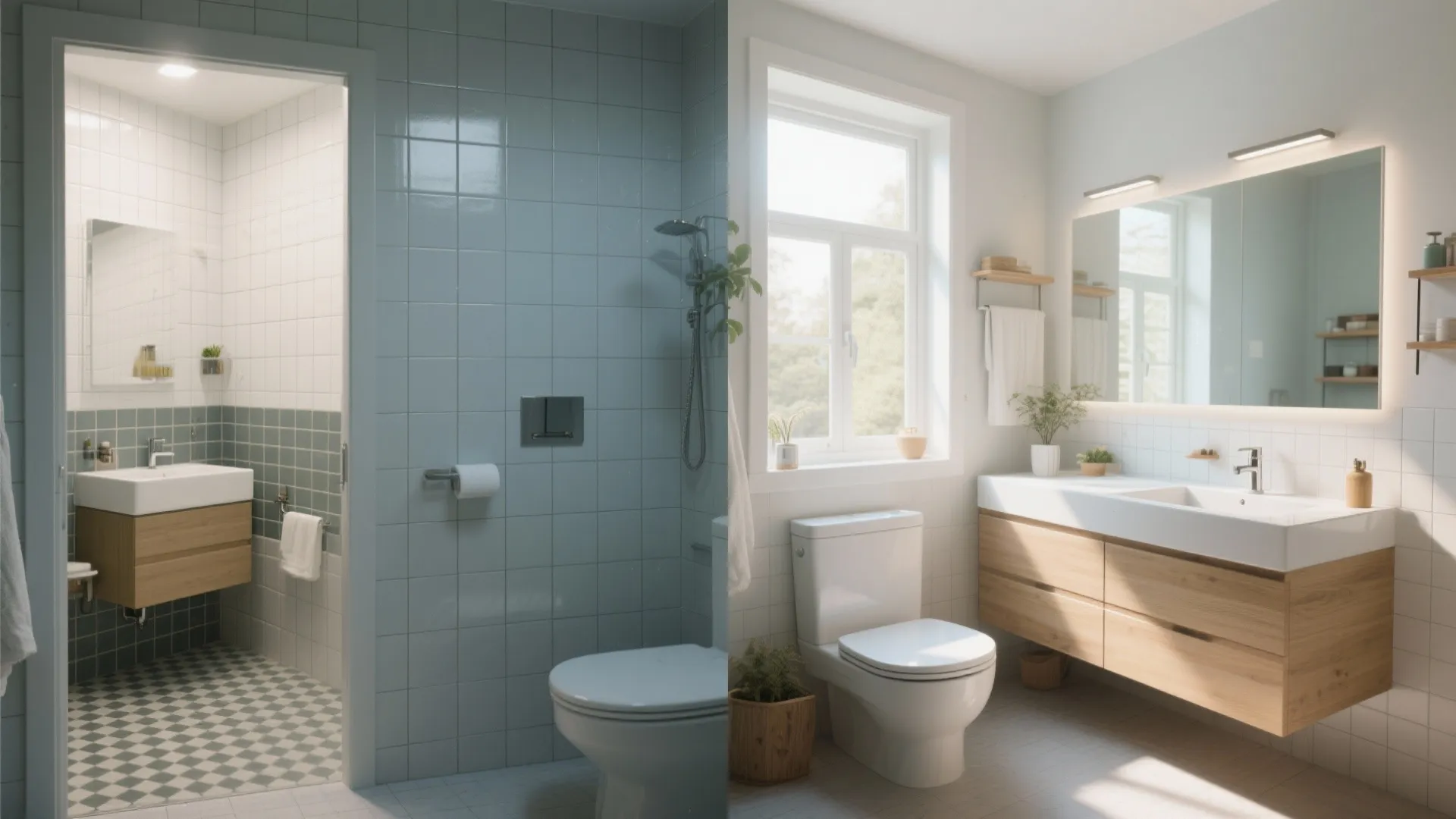 Before and after comparison of a small blue bathroom versus a bright modern wooden bathroom