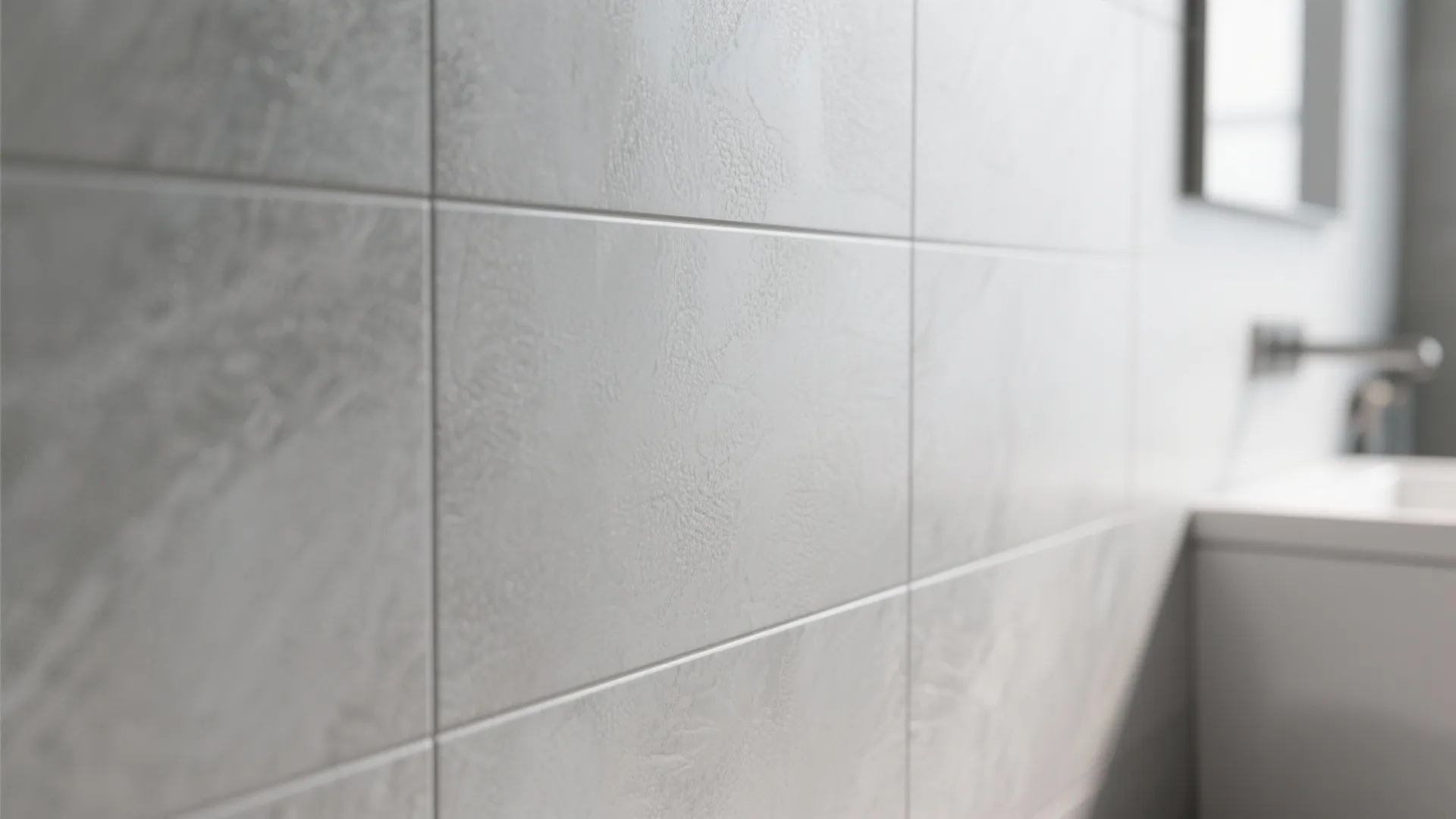 Textured grey wall tiles shown in close up within a modern bathroom with white sink