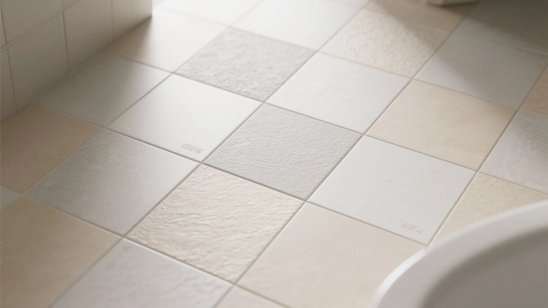 Large format beige and grey bathroom tile samples