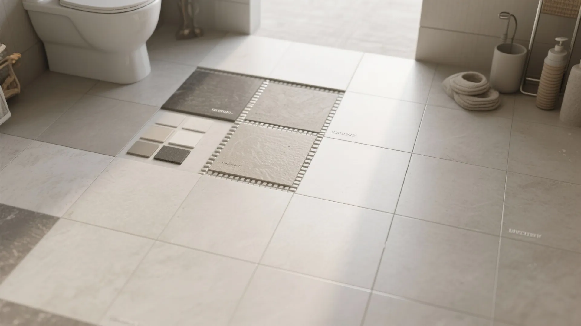 Bathroom floor layout showing different sized square tiles and color samples on a light floor