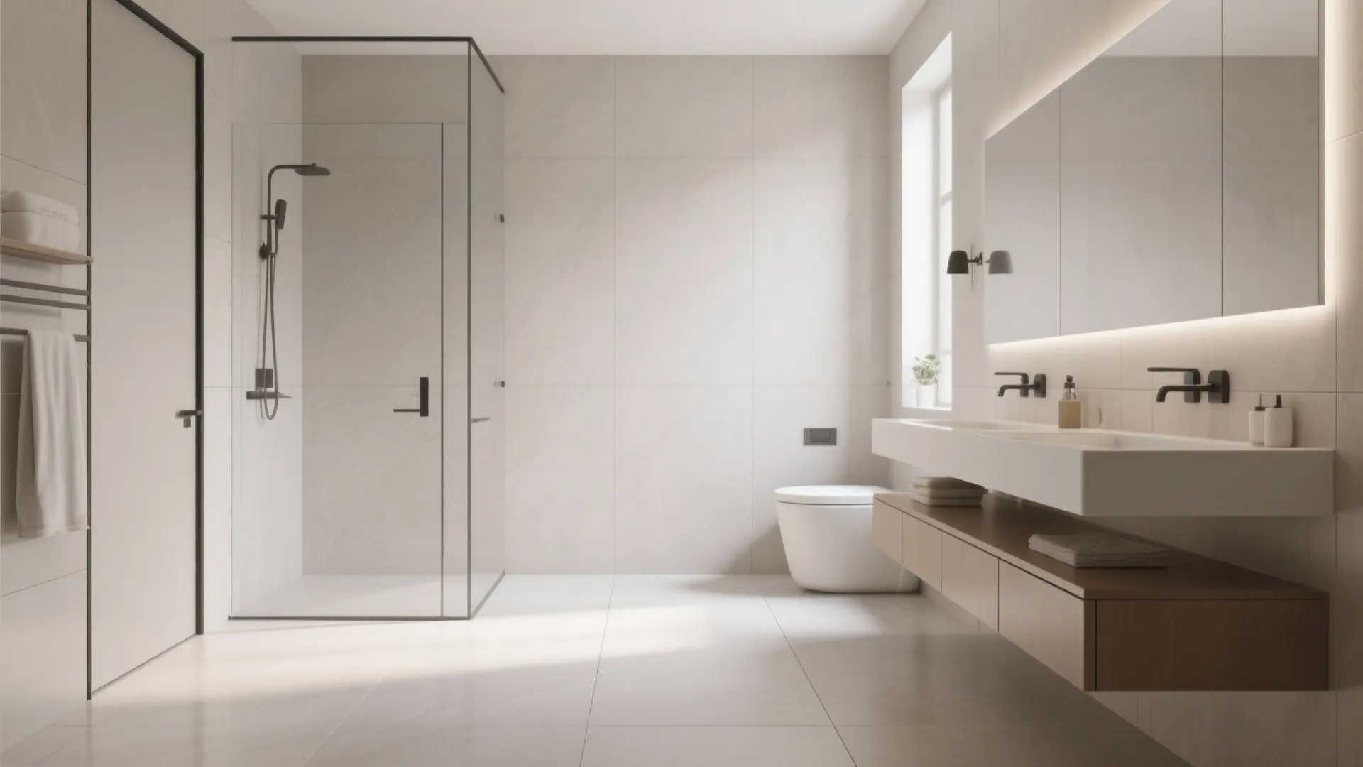 Modern minimal bathroom with glass shower stall white floor tiles wooden cabinet and large mirror