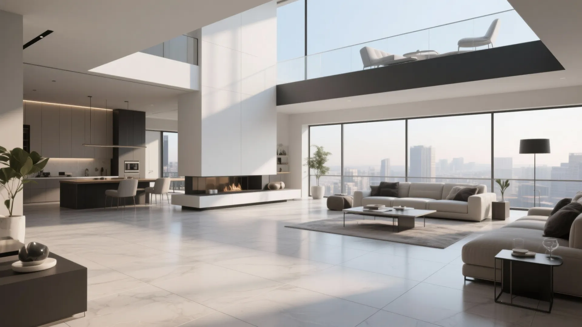 Large open plan penthouse living room with white marble floors tall windows and city views
