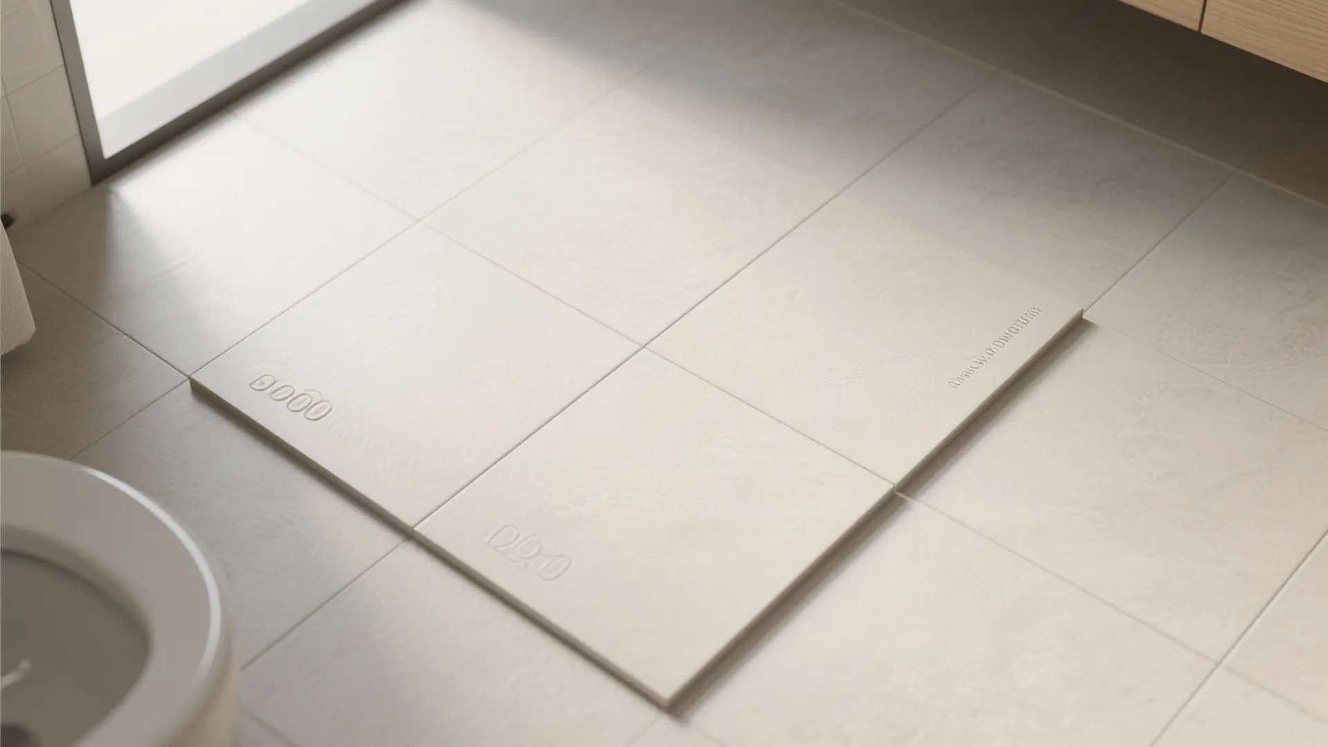 Close up view of large light beige floor tiles in a modern bathroom with sunlight