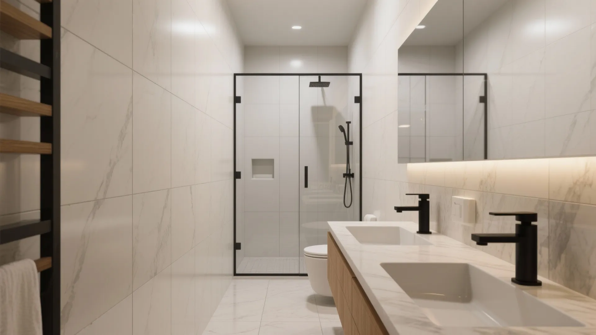 Bright narrow bathroom featuring white marble wall tiles double sink vanity black faucets and shower