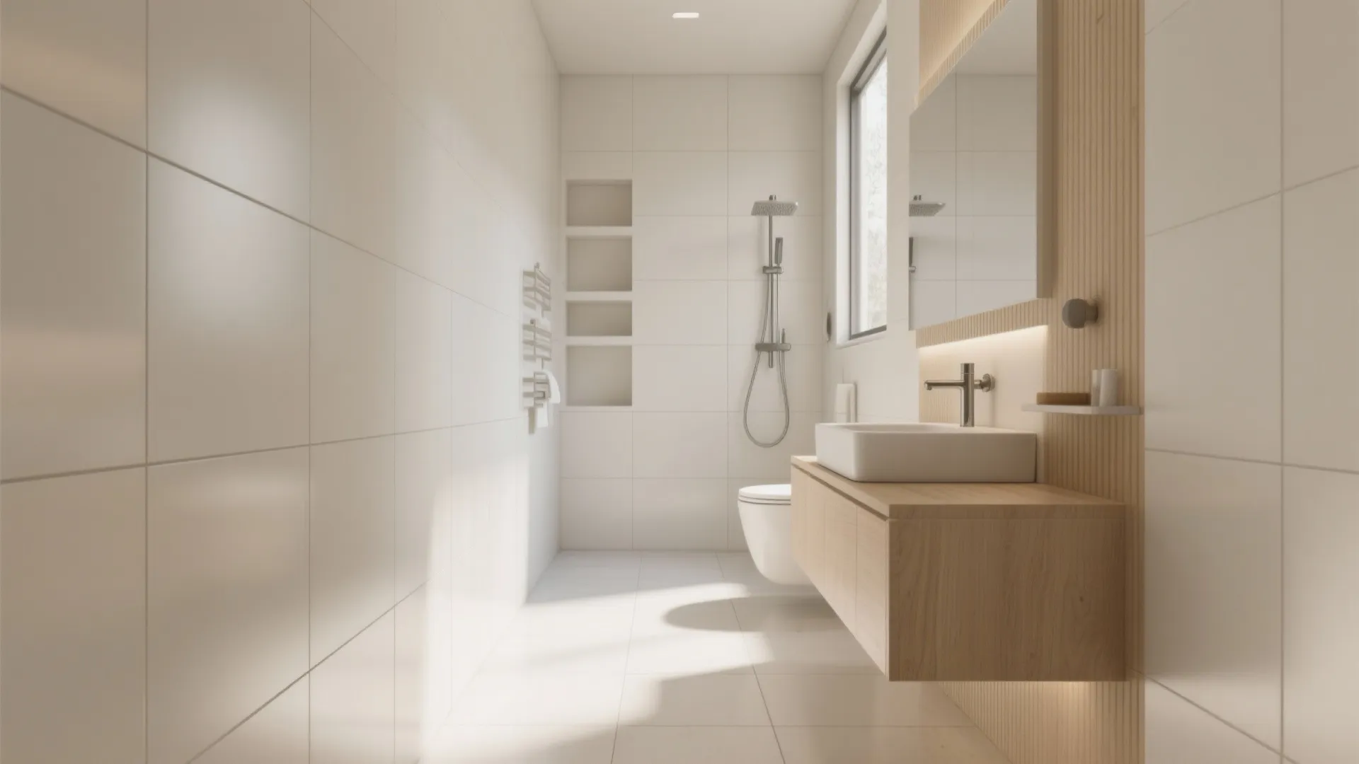 Minimalist white bathroom design with floating wooden cabinet, square wall tiles, and bright natural window light