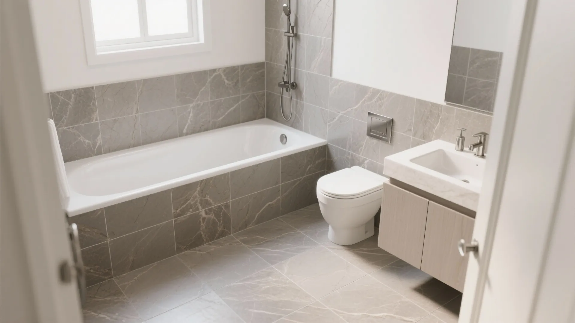 Modern bathroom with grey stone wall tiles white bathtub toilet wooden sink cabinet and window
