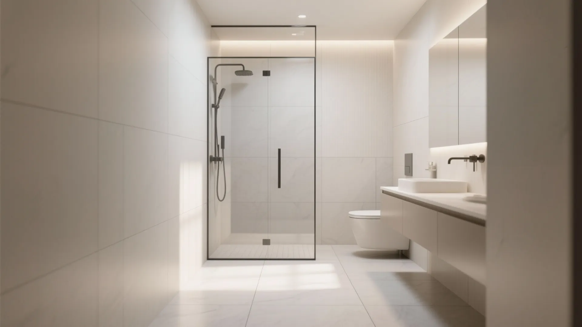 Modern minimal bathroom featuring large floor tiles glass shower toilet white sink and warm lighting