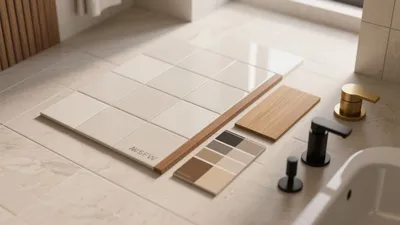 Modern Bathroom Design with Neutral Tiles & Wood Accents