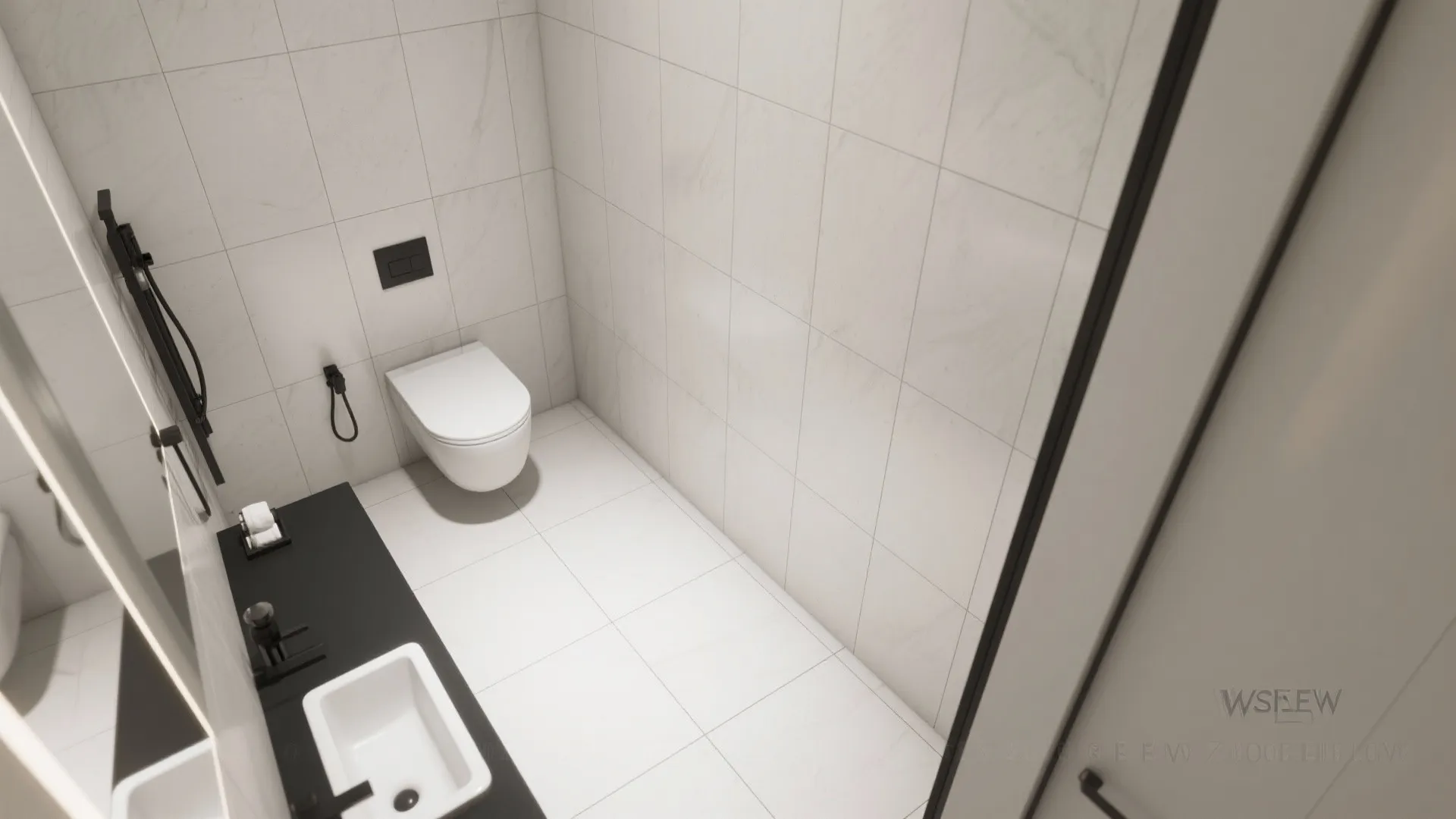 Modern bathroom with white wall tiles and floor tiles featuring a white toilet and black sink